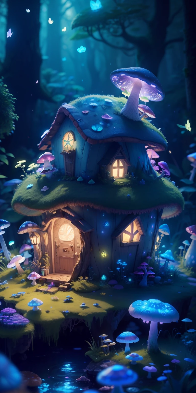 A small pixy's house made of sunlight and mushrooms, glowing with a bioluminescent aura, seen in a full shot from a 8k photorealistic perspective, inspired by a fairy tale, with a van Gogh-like mossy texture and an Impasto-style of Da Vinci. blues greens and pink butterflies more mushrooms --auto