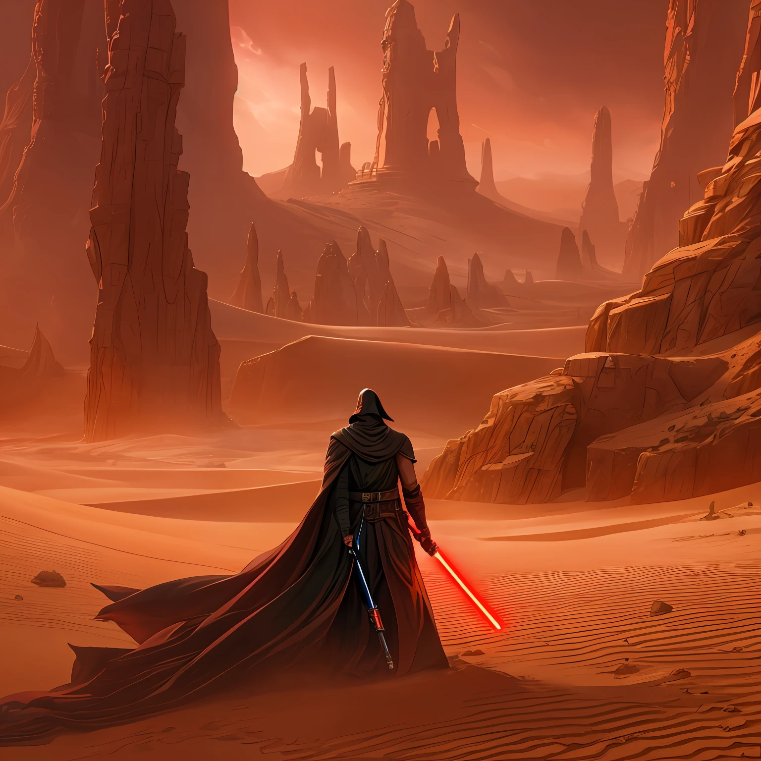 In the ancient world of Korriban, a Sith Lord stands tall amidst the hauntingly beautiful landscape of sand and ancient temples. Adorned in dark, flowing robes that billow in the desert wind, the Sith's presence exudes an air of sinister power. The crimson hue of the Sith's lightsaber glows with an ominous intensity, casting a haunting glow on the surrounding sandy terrain.

Korriban's temples rise like colossal sentinels, remnants of a forgotten era steeped in Sith history. The dark stone structures loom in the background, a testament to the Sith's connection to the ancient and powerful Sith Lords of old. The desert sands stretch endlessly, whispering the secrets of bygone civilizations and the dark rituals once performed in these sacred grounds.

The Sith Lord's eyes burn with a malevolent fire as the red lightsaber dances in the air, a deadly extension of the Sith's will. The swirling sand at the Sith's feet adds an element of mystique, creating an ethereal ambiance that heightens the sense of raw power and ancient knowledge.

In this striking artwork, the Sith from Korriban embodies the embodiment of the dark side of the Force, standing amidst the temples and sands that hold the echoes of Sith lore and legacy. The vivid contrast of the red lightsaber against the desert landscape serves as a captivating reminder of the Sith's relentless pursuit of power and dominance, an iconic figure in a world steeped in dark history and unfathomable secrets.