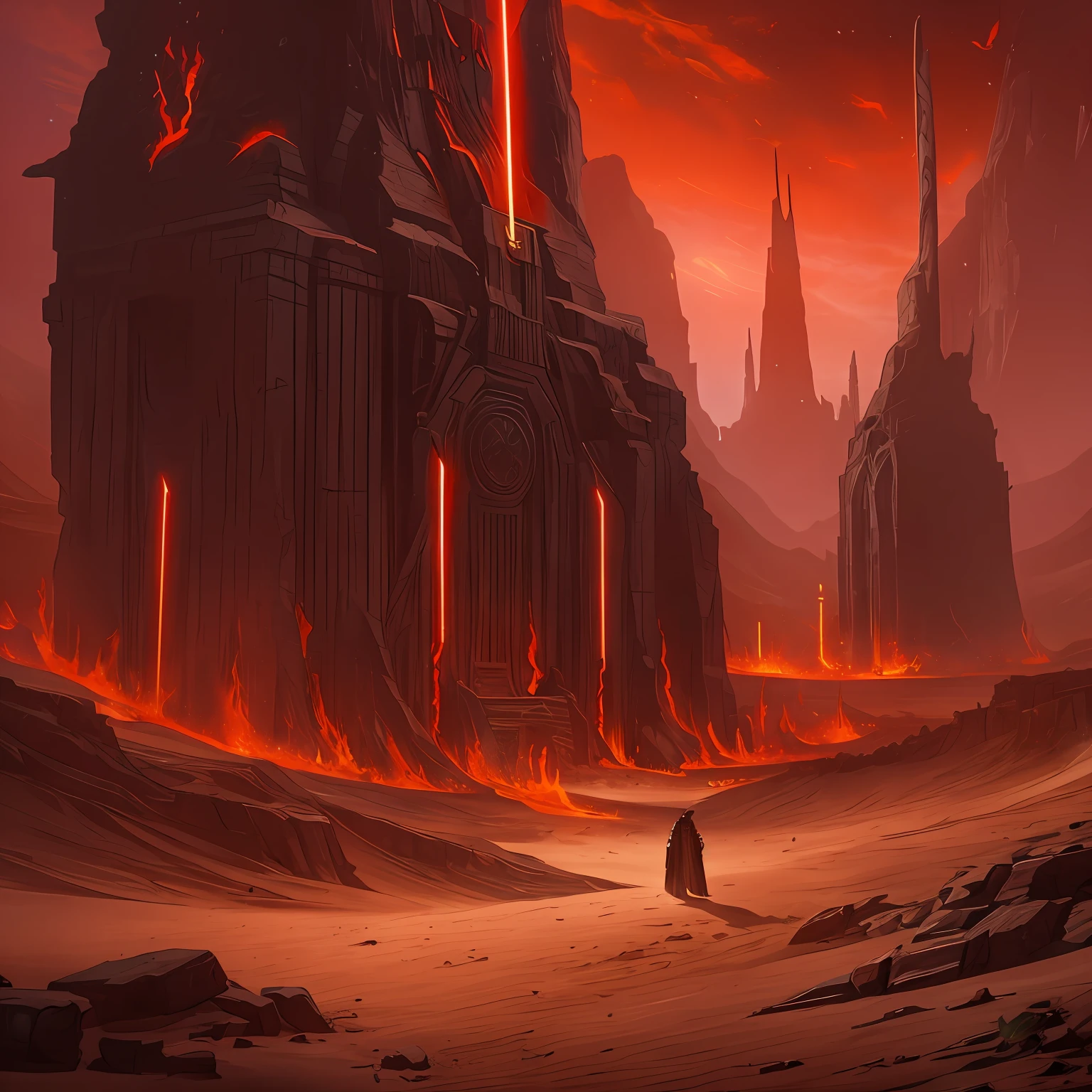 In the ancient world of Korriban, a Sith Lord stands tall amidst the hauntingly beautiful landscape of sand and ancient temples. Adorned in dark, flowing robes that billow in the desert wind, the Sith's presence exudes an air of sinister power. The crimson hue of the Sith's lightsaber glows with an ominous intensity, casting a haunting glow on the surrounding sandy terrain.

Korriban's temples rise like colossal sentinels, remnants of a forgotten era steeped in Sith history. The dark stone structures loom in the background, a testament to the Sith's connection to the ancient and powerful Sith Lords of old. The desert sands stretch endlessly, whispering the secrets of bygone civilizations and the dark rituals once performed in these sacred grounds.

The Sith Lord's eyes burn with a malevolent fire as the red lightsaber dances in the air, a deadly extension of the Sith's will. The swirling sand at the Sith's feet adds an element of mystique, creating an ethereal ambiance that heightens the sense of raw power and ancient knowledge.

In this striking artwork, the Sith from Korriban embodies the embodiment of the dark side of the Force, standing amidst the temples and sands that hold the echoes of Sith lore and legacy. The vivid contrast of the red lightsaber against the desert landscape serves as a captivating reminder of the Sith's relentless pursuit of power and dominance, an iconic figure in a world steeped in dark history and unfathomable secrets.