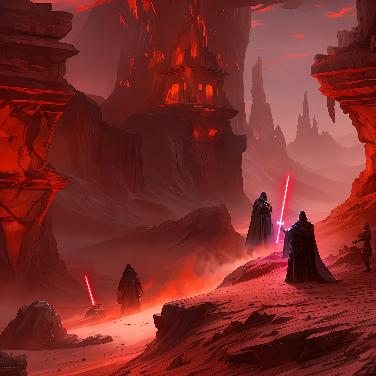 In the ancient world of Korriban, a Sith Lord stands tall amidst the hauntingly beautiful landscape of sand and ancient temples. Adorned in dark, flowing robes that billow in the desert wind, the Sith's presence exudes an air of sinister power. The crimson hue of the Sith's lightsaber glows with an ominous intensity, casting a haunting glow on the surrounding sandy terrain.

Korriban's temples rise like colossal sentinels, remnants of a forgotten era steeped in Sith history. The dark stone structures loom in the background, a testament to the Sith's connection to the ancient and powerful Sith Lords of old. The desert sands stretch endlessly, whispering the secrets of bygone civilizations and the dark rituals once performed in these sacred grounds.

The Sith Lord's eyes burn with a malevolent fire as the red lightsaber dances in the air, a deadly extension of the Sith's will. The swirling sand at the Sith's feet adds an element of mystique, creating an ethereal ambiance that heightens the sense of raw power and ancient knowledge.

In this striking artwork, the Sith from Korriban embodies the embodiment of the dark side of the Force, standing amidst the temples and sands that hold the echoes of Sith lore and legacy. The vivid contrast of the red lightsaber against the desert landscape serves as a captivating reminder of the Sith's relentless pursuit of power and dominance, an iconic figure in a world steeped in dark history and unfathomable secrets.