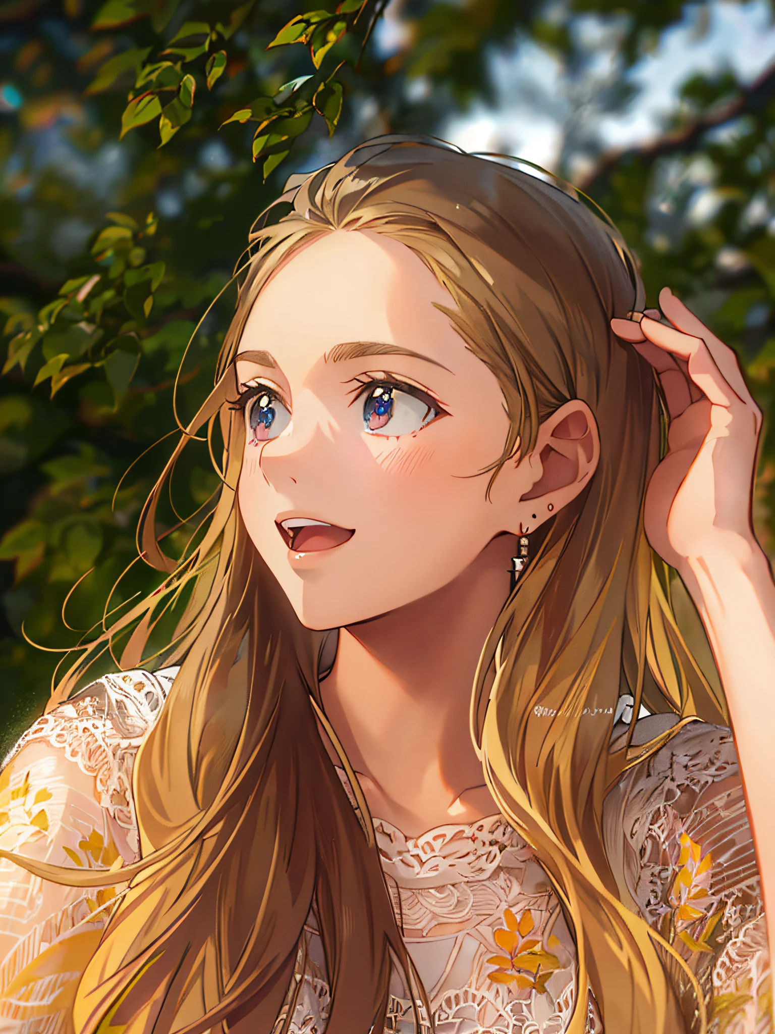 blond woman with long hair and earrings standing in front of trees,(Masterpiece), (best detail), (Best quality), (((2D)),happy,small, (Young ) good-looking,