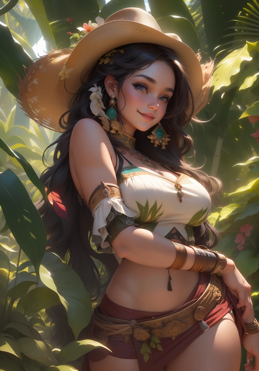 (PocahontasWaifu:1), smile, cute, cute pose, looking at viewer, thick thighs, (tribal, dress:1),

(realistic:1.2), (realism), (masterpiece:1.2), (best quality), (ultra detailed), (8k, 4k, intricate),(full-body-shot:1),(Cowboy-shot:1.2), (85mm),light particles, lighting, (highly detailed:1.2),(detailed face:1.2), (gradients), sfw, colorful,(detailed eyes:1.2),

(detailed ladscape, jungle, vegetation:1.2),(detailed background),detailed landscape, (dynamic angle:1.2), (dynamic pose:1.2), (rule of third_composition:1.3), (Line of action:1.2), wide shot, daylight, solo,