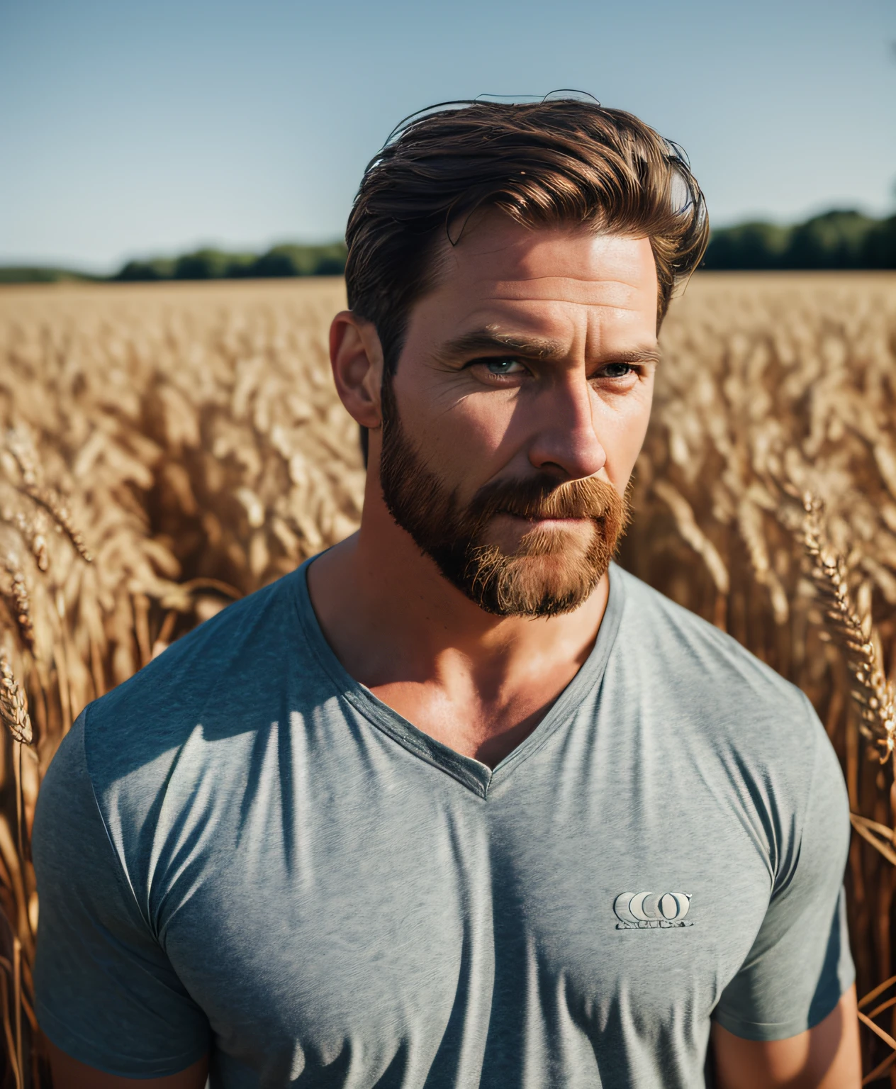 Masterpiece, best quality, 8k, raw, canon 5d, f/1.8, iso 6400, wide angle, realistic, movie, poster, photo, (facial details), mature, handsome, field, wheat field, autumn, plain, trees, blue sky, Rugged Handsome Senior Man No Clothes, Muscular, Chest Hair, Shirtless, Masterpiece, Best Quality, High Resolution, Realistic, Standing, Perspective, Medium Shot, Ground View,