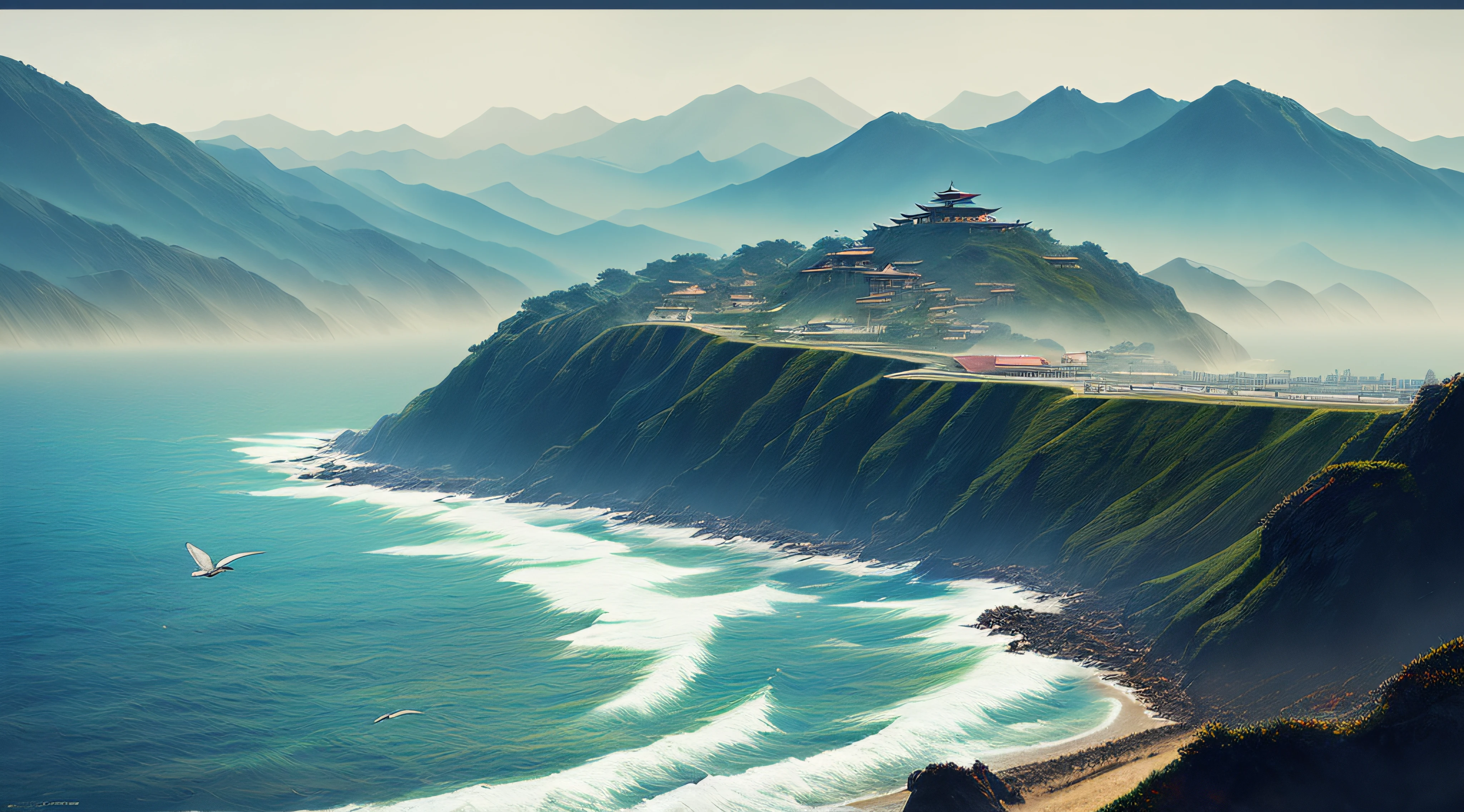 High detail RAW color art,China-style,Ink wind,((photorealestic)),smoke and rain hazy,((Horizontal composition)),the mountains and the sea,((beachside)),((Flying seabirds)),((Rough waves)),sandbeach,((Rolling mountains)),((the sea)),intricately details, Fine details, ultra - detailed, Ray traching, trending on artstationh, trending on CGSociety, Intricate, High detail, Sharp focus, Dramatic, photorealistic painting art by midjourney and greg rutkowski, Bokeh on the background
