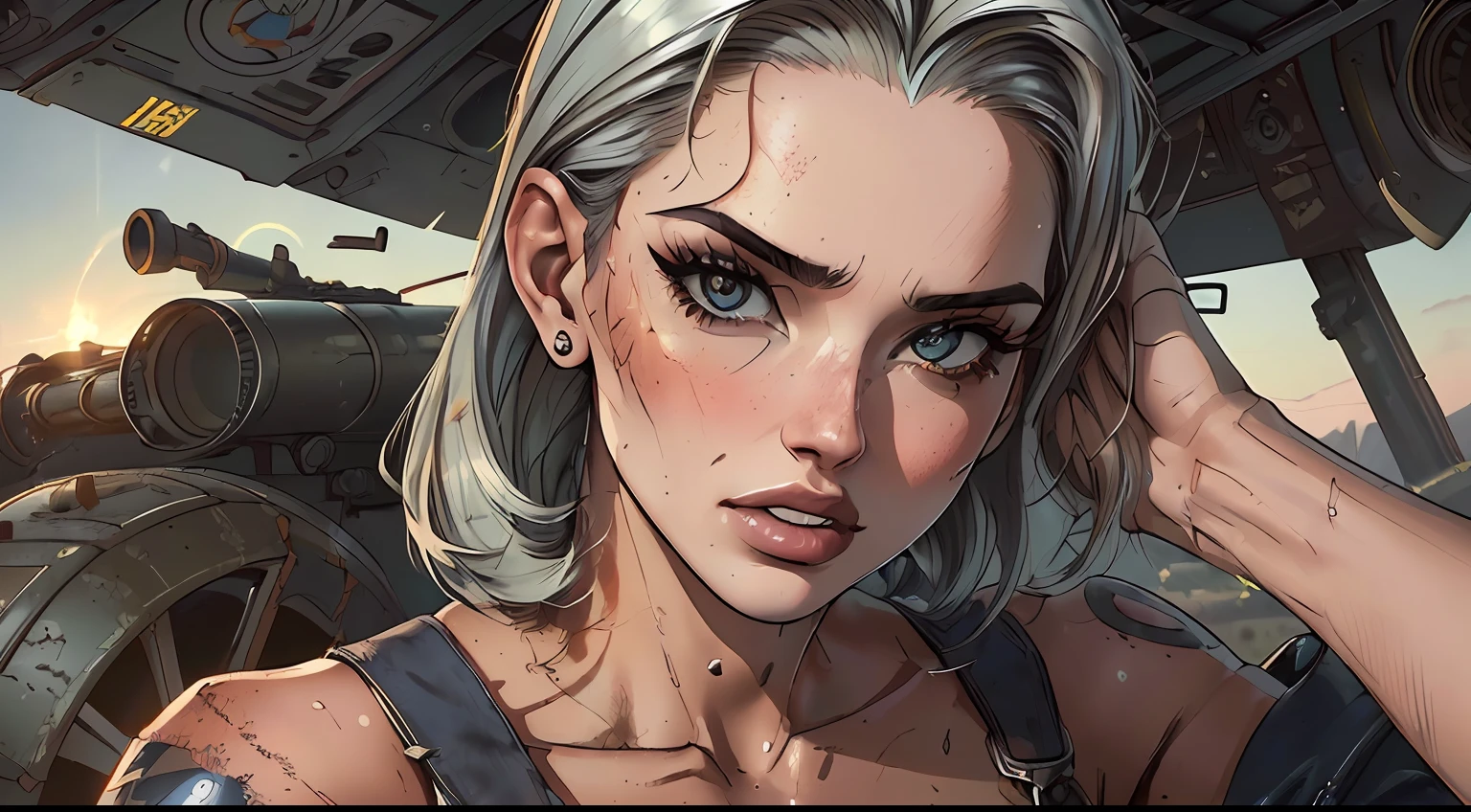 (de_Abaixo: 1.2), (estilo close-up modelshoot), (rosto e olhos realistas detalhados), ((Sexy mechanical woman, (((cabelo loiro))), wearing stained and tattered military overalls)), (sentado em um apertado, Greasy cockpit of a post-apocalyptic hydraulic exoskeleton ), sun sunset