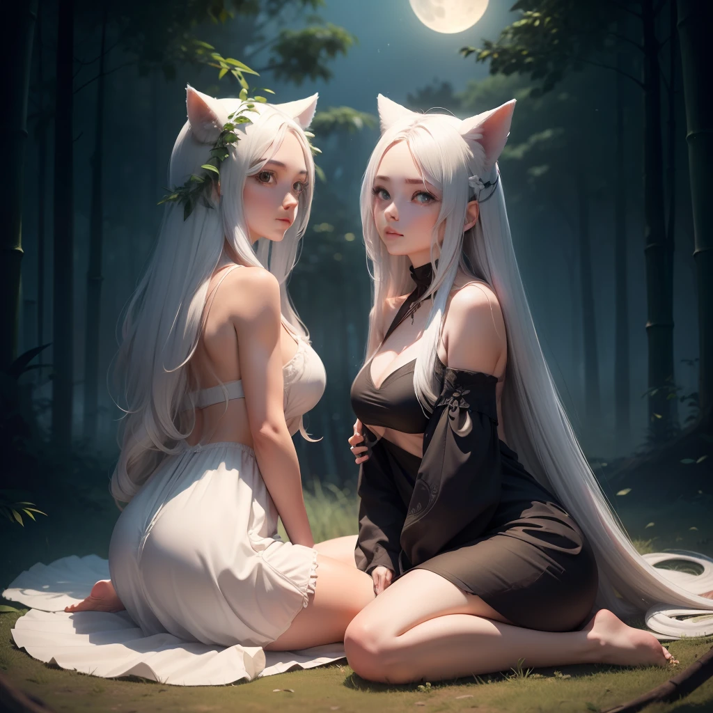 two women sitting on the ground in the woods at night with a full moon in the background and a full moon in the sky, 1boy, 1girl, against tree, animal ears, bamboo, bare tree, barefoot, breasts, dress, fireflies, forest, full moon, leaf, long hair, moon, moonlight, nature, night, night sky, sitting, sky, tree, very long hair, white hair