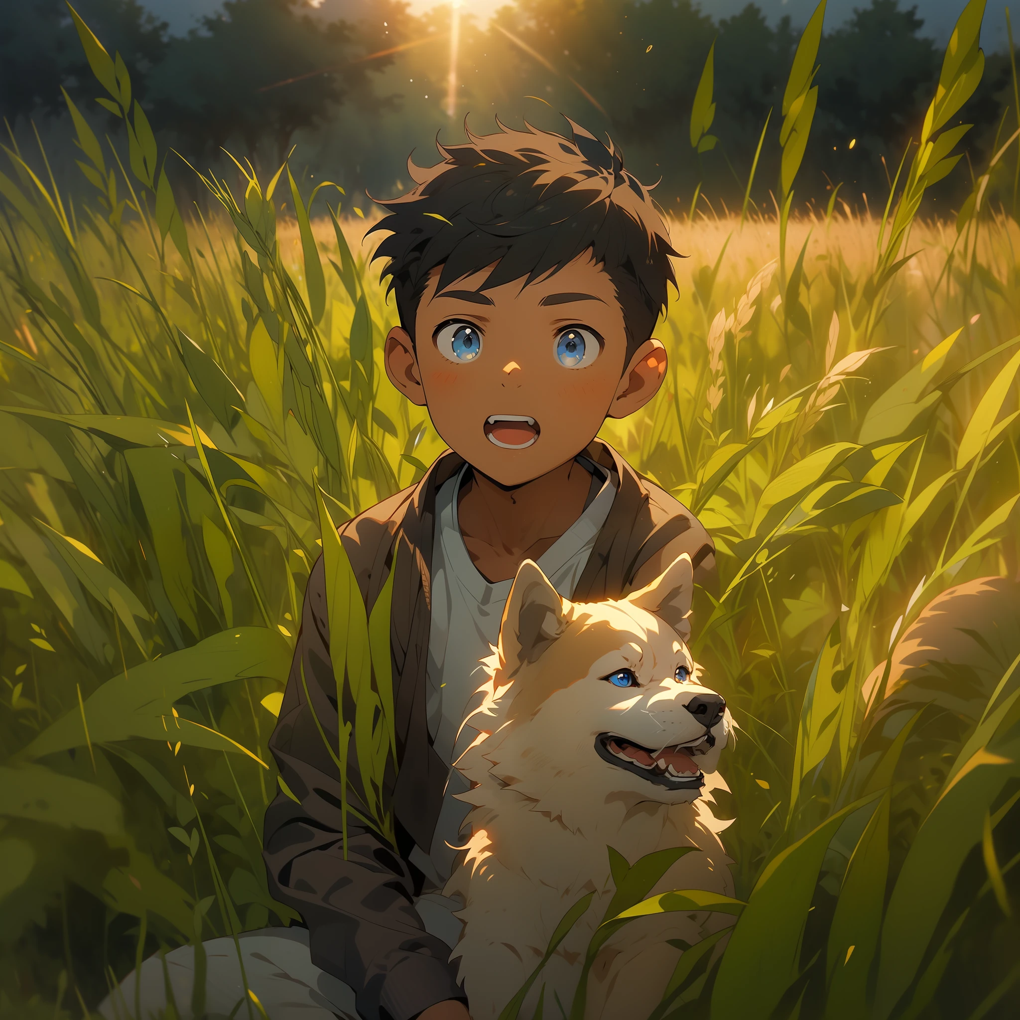 1boy，Rural fields，the setting sun，Crepuscular Rays，Shiba dog，blue color eyes，ricefield，volumettic light，Perspective composition，wheat，Lively and cute boy，8K,Cinematic lighting effects，Textured skin，best qualtiy，Storytelling images，Ambient lighting，dynamic blur，actionpose，tmasterpiece，A masterpice，