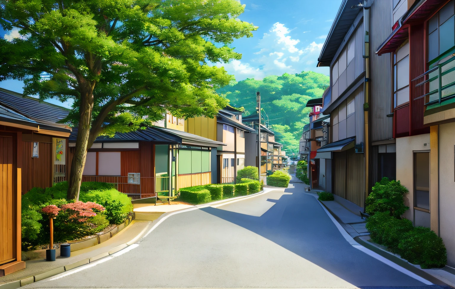 illustration like anime background, cartoon scene，Illustration style，a line drawing，the sideview，residential area, Japan people's quarter, Japan street, house and road, sloping street, single street, Japan town, modern neighborhood, empty cityscape，Anime background art，High detail street，Estilo de Makoto Shinkai，Studio Ghibli Sunshine，beautiful anime scenes，beautiful anime scenery，Detailed landscapes