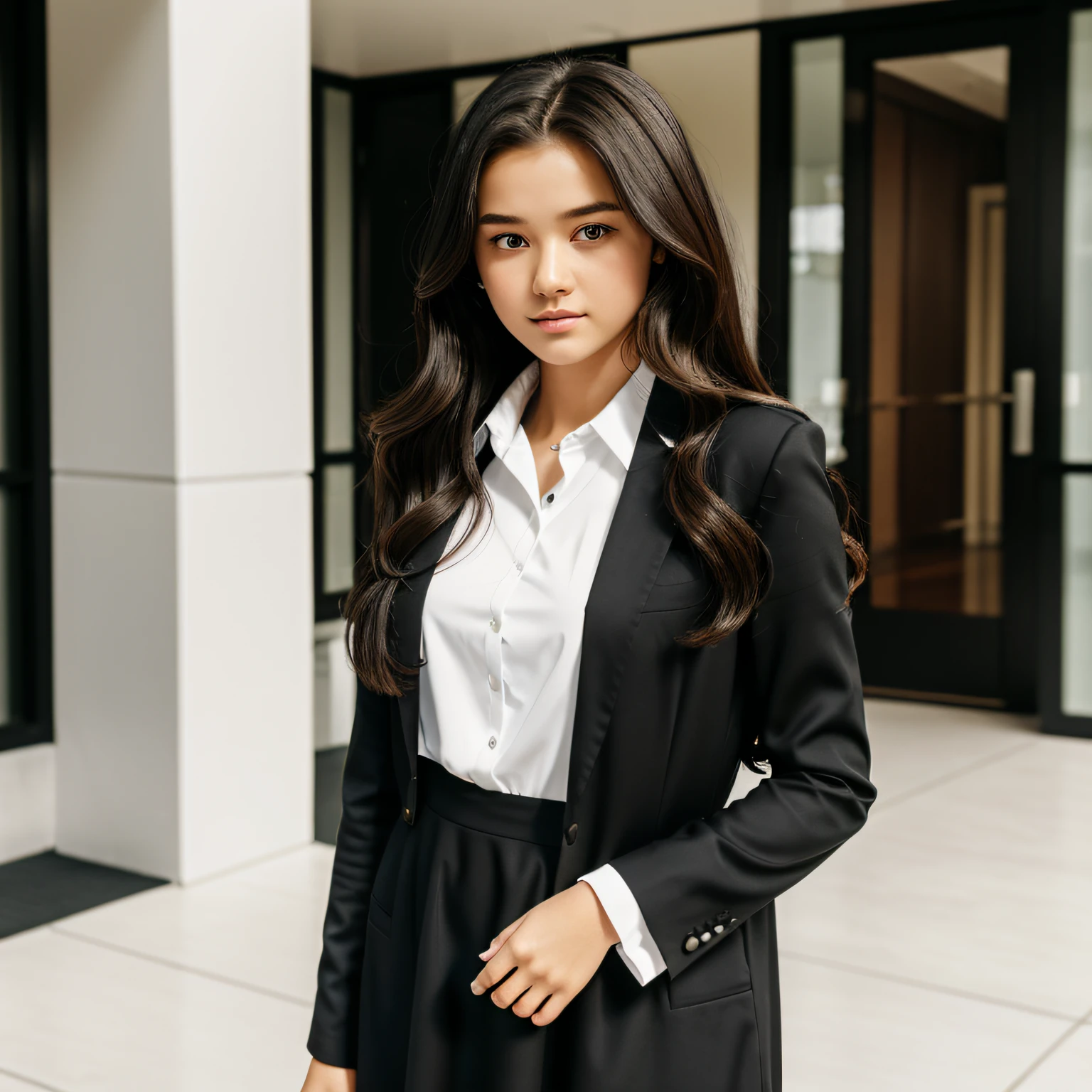 a young Caucasian woman, 19 years old, 1.60 cm tall, with black hair with long, curly, straight blonde highlights, standing looking at the camera in a movie scene, she is wearing a long-sleeved white dress shirt, black dress pants, and black women's dress shoes, --auto