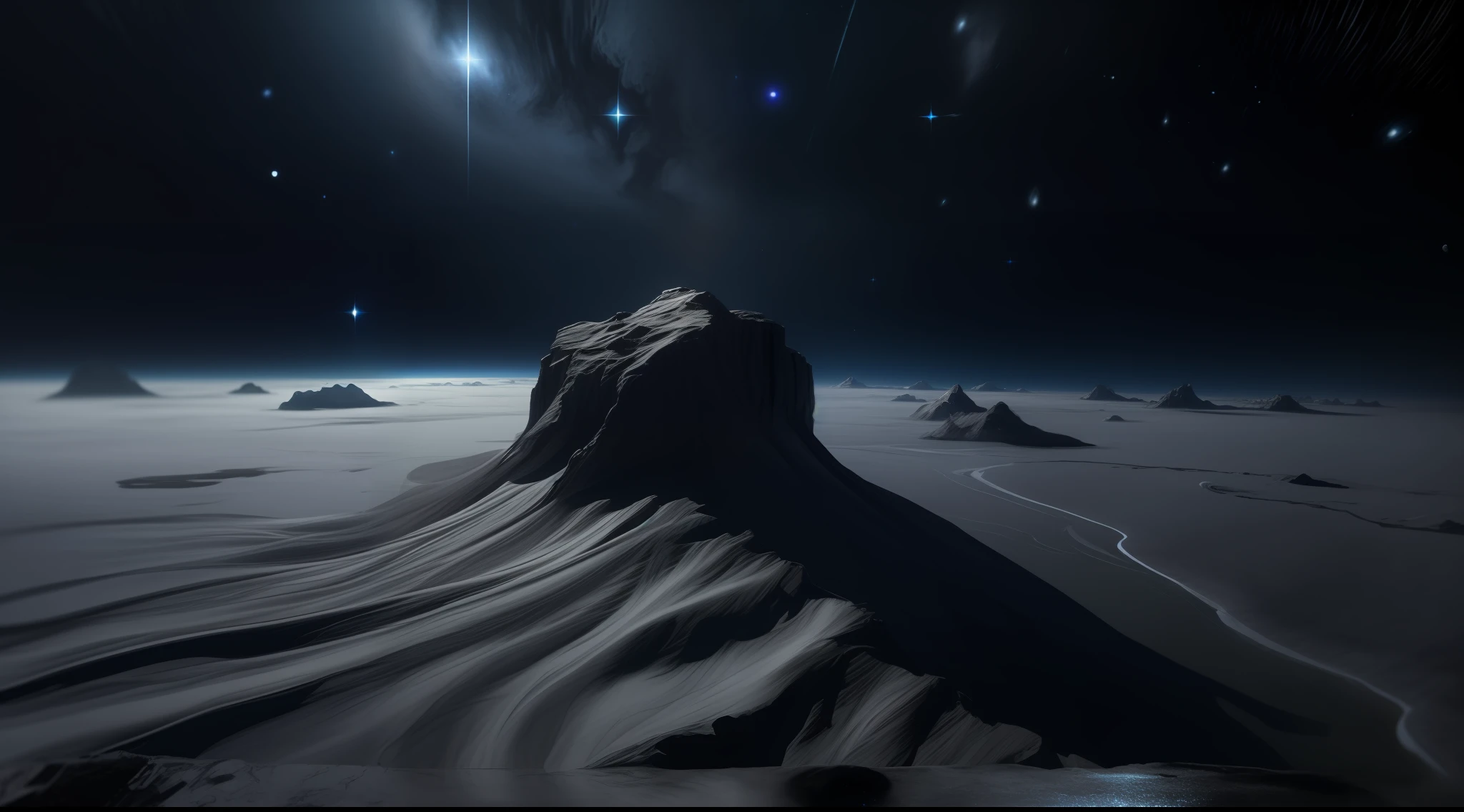 Immerse us in the cold and deep depths of the universe, where darkness reigns。Distant stars々shimmered faintly in the jet-black void like a distant memory、Create eerie and enigmatic space images。Let the emptiness of the universe expand endlessly.、Only the faint glow of distant celestial bodies delimits its space。Using AI、Creates a sense of isolation in space、Let the vastness of the universe be a canvas of deep shadows and inexplicable darkness。Through your AI creation、Take us into a world of eerie silence and cosmic desolation。Very realistic, photograph, Super Detail, high details, High quality, 8K