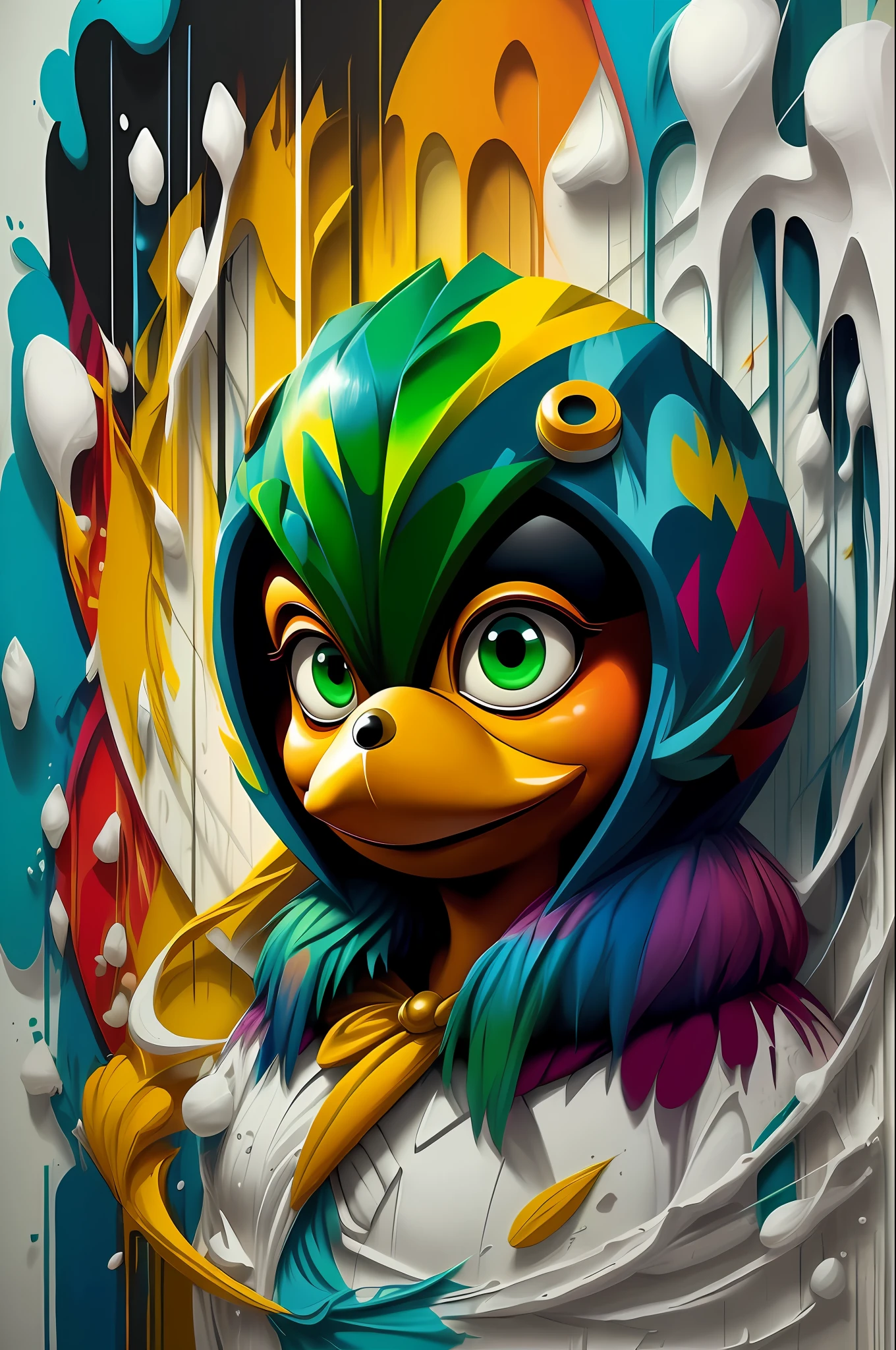 (Character Zé Carioca - Creator: Walt Disney Bird), stylized identical to 1942 )), acolchoamento ,multidimensional geometric wall PORTRAIT, arte, Chibi, Yang016K, lindo,(( Predominant coloration ,(verde,amarelo, Branco)) Primary works, qualidade superior, melhor qualidade, Arte Oficial, Beautiful and Aesthetic,), Eduardo Kobra acolchoamento ,multidimensional geometric wall PORTRAIT, arte, Chibo,detalhes