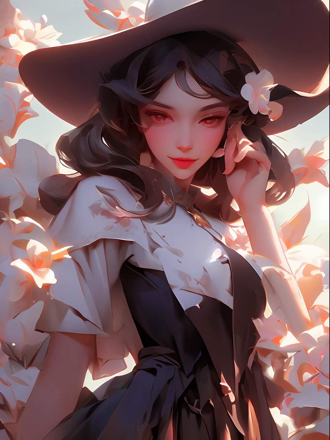 there is a woman with a hat and a dress and a flower, artwork in the style of guweiz, exquisite digital illustration, elegant digital painting, digital art of an elegant, beautiful digital illustration, stunning digital illustration, in the art style of bowater, beautiful digital artwork, inspired by Yanjun Cheng, guweiz, gorgeous digital painting, glossy digital painting,extremely high detail, 4k detailed digital art, stunning digital illustration, digital fantasy illustration,((Best quality)), ((masterpiece)), (detailed:1.4), 3D, an image of a beautiful female,HDR (High Dynamic Range),Ray Tracing,NVIDIA RTX,Super-Resolution,Unreal 5,Subsurface scattering,PBR Texturing,Post-processing,Anisotropic Filtering,Depth-of-field,Maximum clarity and sharpness,Multi-layered textures,Albedo and Specular maps,Surface shading,Accurate simulation of light-material interaction,Perfect proportions,Octane Render, Two-tone lighting,Wide aperture,Low ISO,White balance,Rule of thirds,8K RAW,