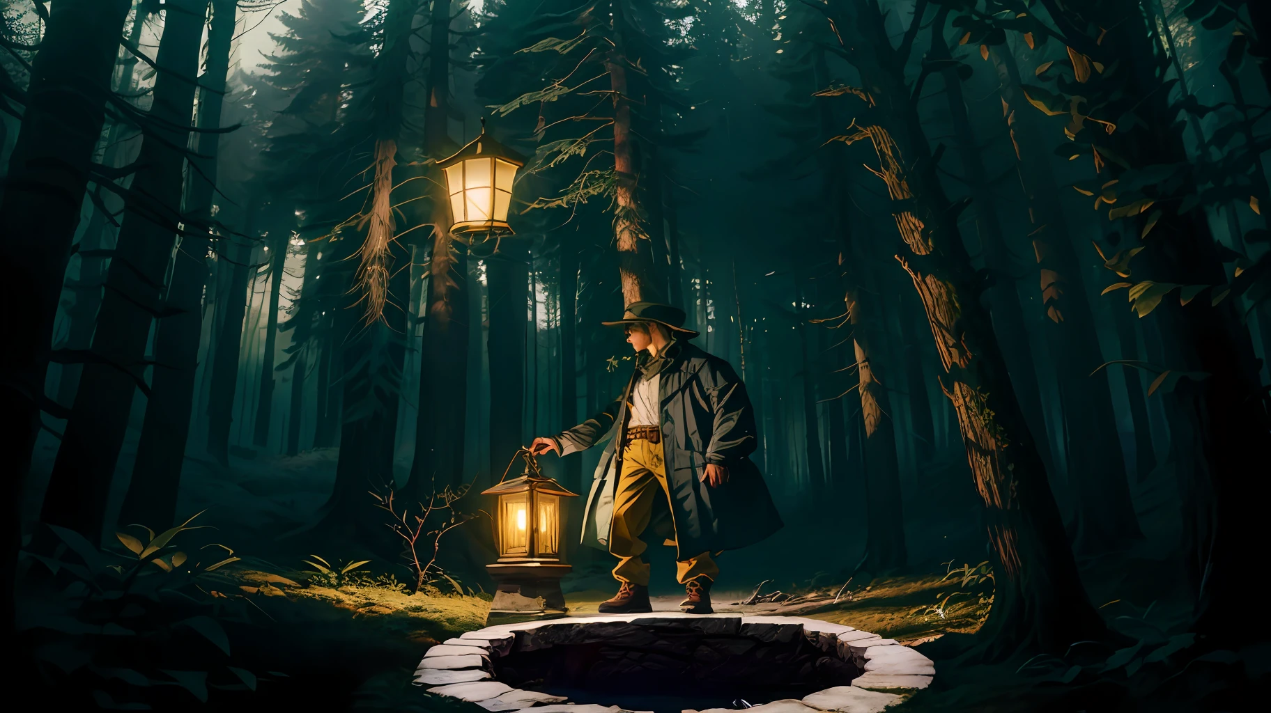 There is a man standing in the woods with a flashlight, anime exuberante john 8k madeiras, in a forest at night, dnd em uma floresta escura, no meio da floresta escura, magic portal to another world, inspirado em Jakub Schikaneder, standing in a dark forest, in the forest at night, magic stone portal in the forest, in magical woods