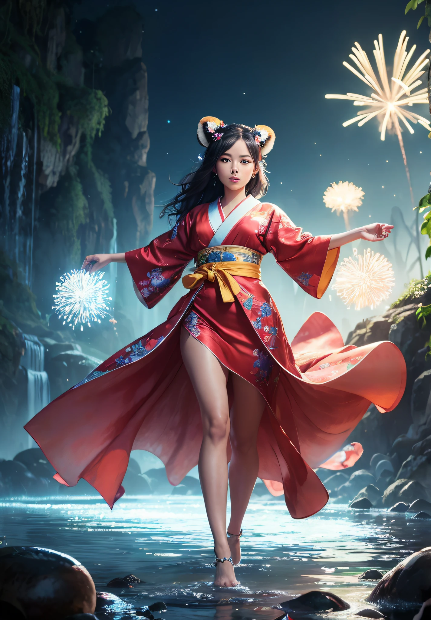 cute girl, kimono covers legs, red panda beautiful eyes wide opened, holding red panda, wearing silk kimono, glowing waterfall night background, ultra detailed artistic photography, long shot, full body, happy 19-year, woman tall garland floating above her head, bioluminescent mushroom multiple composite flowers, dynamic pose, multiple swirling mushroom flower-heads, beautiful flowing flower-head gown dress covering skin, butterflies, tiny starry lights like fireworks, 8k photorealistic sticker, flux, with starry eyes in blue and gold patterns with lilies, head and shoulders portrait, 8k resolution concept art portrait by Greg Rutkowski, Artgerm, WLOP, Alphonse Mucha, Giuseppe Arcimboldo, intricate details, highly detailed;, dynamic lighting hyperdetailed intricately detailed Splash art trending on Artstation triadic colors Unreal Engine 5 volumetric lighting, swirling colors paradise background photoshoot, large yellow and pink Hawaiian flowers, brightly colored, more yellow, sparkly. --auto