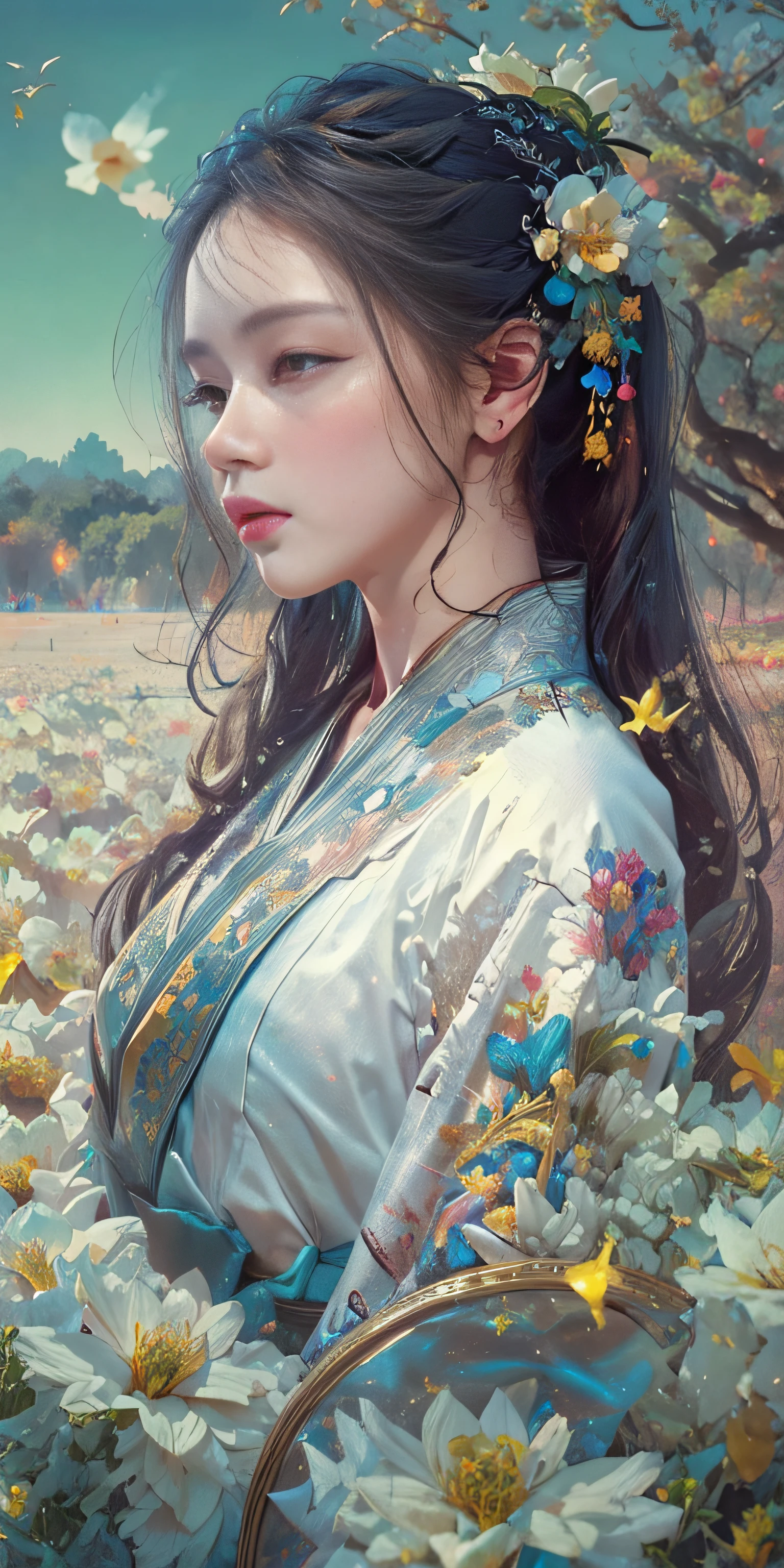 zhongfenghua, 1girl, (full body) solo, hanfu, flower field, blossom, (white smokes:1.3) (photorealistic:1.4), zentangle, mandala, entangle, official art, unity 8k wallpaper, ultra detailed, beautiful and aesthetic, masterpiece,best quality, (dynamic angle:1.4), glowing skin, (floating colorful sparkles:1) the most beautiful form of chaos, elegant, a brutalist designed, vivid colours, romanticism depth of field,