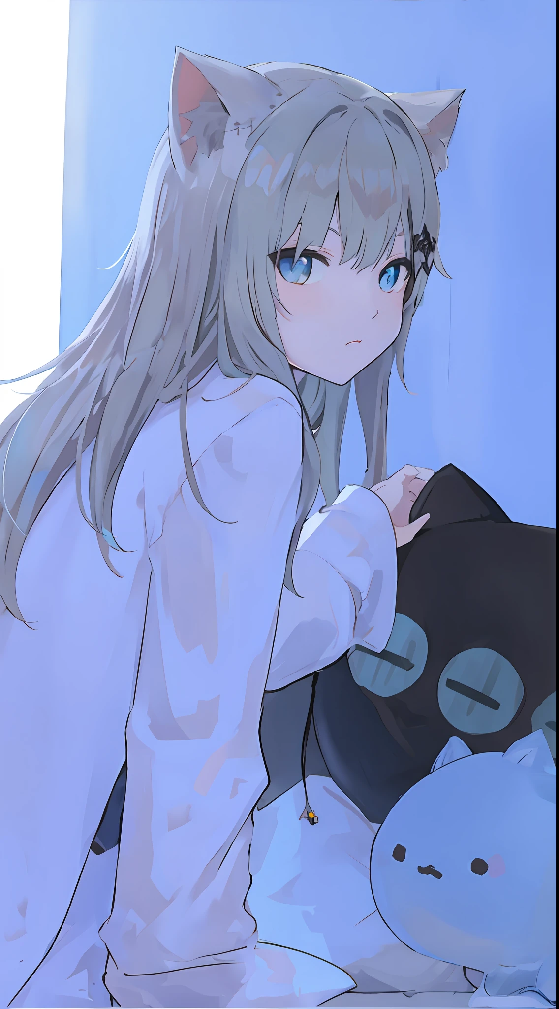 "Anime girl with long hair and blue eyes sitting on bed,There is a stuffed toy,From the girls' front,girls' frontline CG,girls frontline style,Girl Front,Soft anime illustration,Fine details,cute anime catgirl,girls frontline universe,in style of cytus and deemo,anime moe art style,beautiful anime catgirl,Anime Catwoman,HD8K"