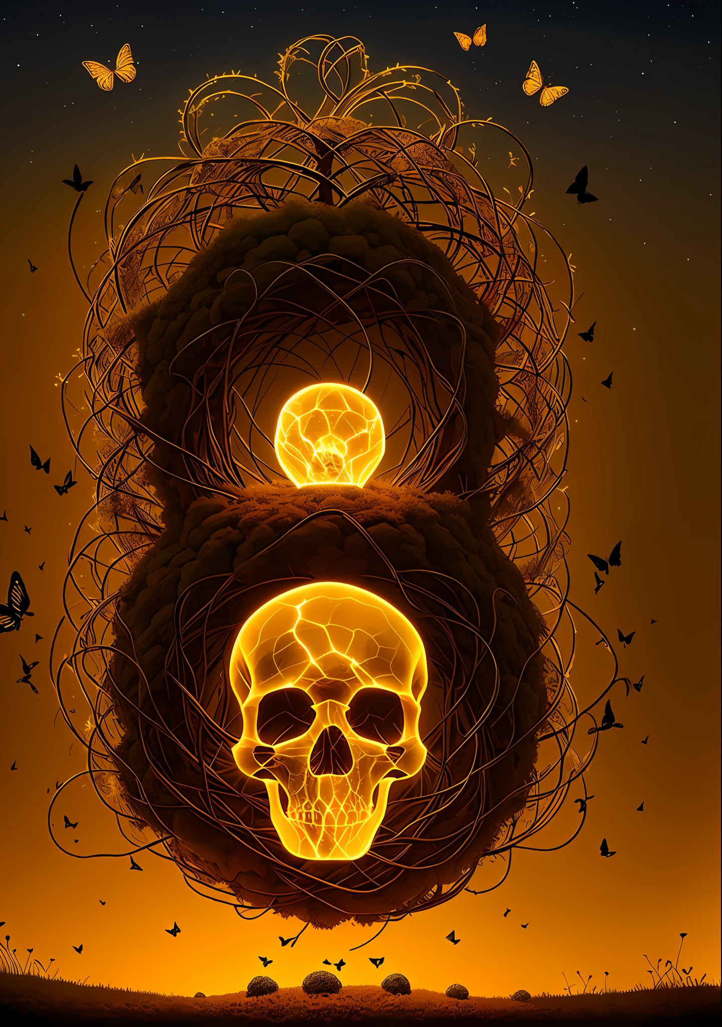 anthill in shape of an old human skull glowing in the dark with tendrils around and a big dark butterfly flying around