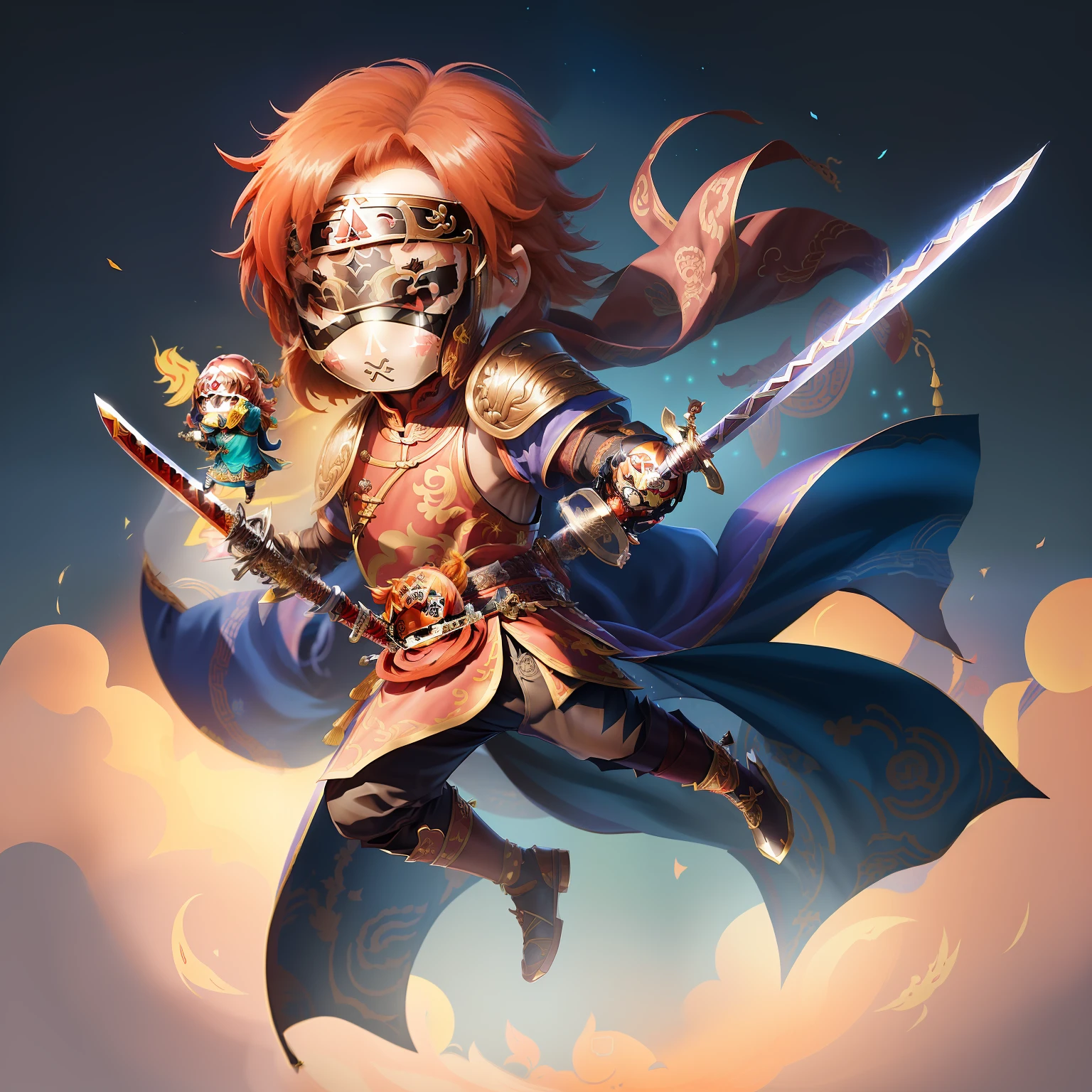A Sword Dance Anime Character,(chibi anime characters:1.5),With a mask.,(chibi:2.2),(Solo:1.5),(Sword:1.5),(Chinese wind:1.2),(chivalrous type:1.4),(Sword Dance:1.2),Large range of action,(Eye Mask:1.3),(Big action:1.5),(male role:1.8),(Long sword:1.5),(Chinese style clothing:1.5),(Bundle Hair:1.5),Elegant,Jump,Male,(Sword action:1.7),(Yu Pei:1.2),hair accessories,(Delicate belt:1.2),Pattern,Pattern,(Leather Shoulder Armor:1.1),(Sword dance action:1.5),Wu Jian Action,Cloak,(Chinese Shoes:1.2),(Chinese Style Xianxia Costume:1.6),(Headwear:0.9),Waist,(Belt ornaments:1.1),Costume edging,long knee,