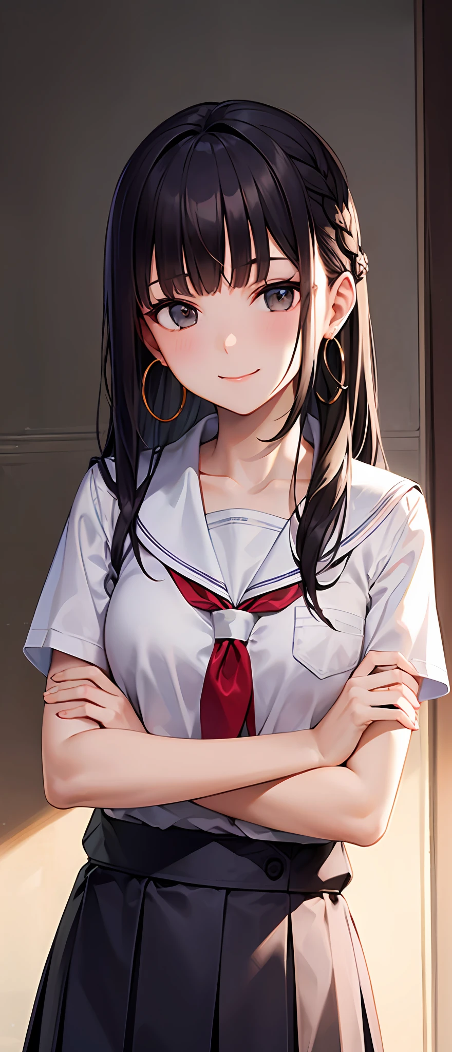 best quality,masterpiece,school uniform, look down on, upper body,hair strand,Fair skin,french braid,smile,blunt bangs,hoop earrings,gladient hair,left sideburn is longer than right one,front view of the body,loosen clothing around the neck,folding arms