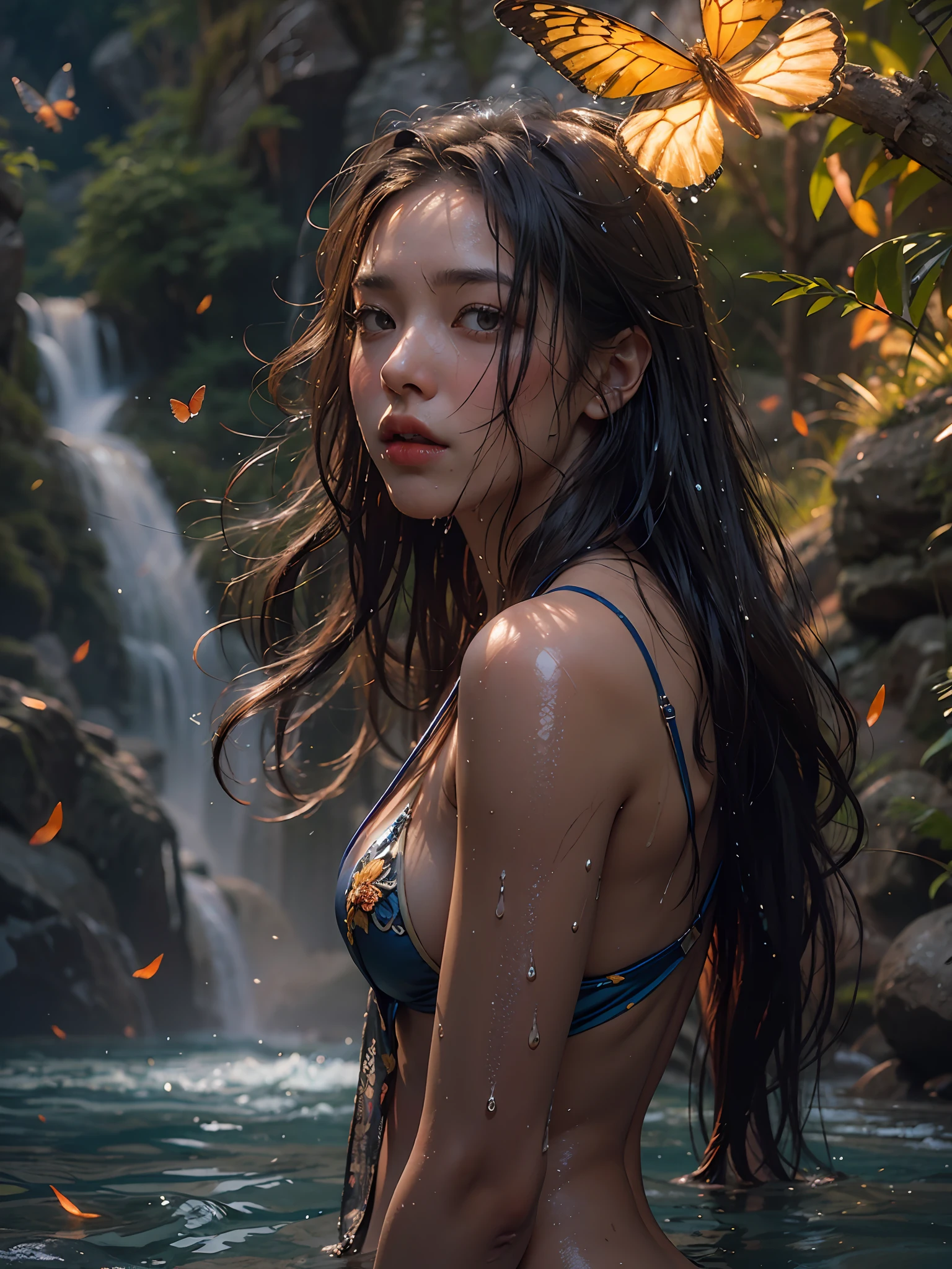 Masterpiece, incredible details, epic realistic, ultra clarity , (intricate details:1.12), (HDR:1.4), Fast-flowing waterfalls, mountains, rivers, fireflies, flowers, glowing butterflies, stone,stone lillar, fantasy tree, ung woman, long hair, floating hair, sexy slingshot bikini, bathing, wet hair,wet skin ,(natural skin texture, hyperrealism, soft light, sharp:1.2), sexypose, front view