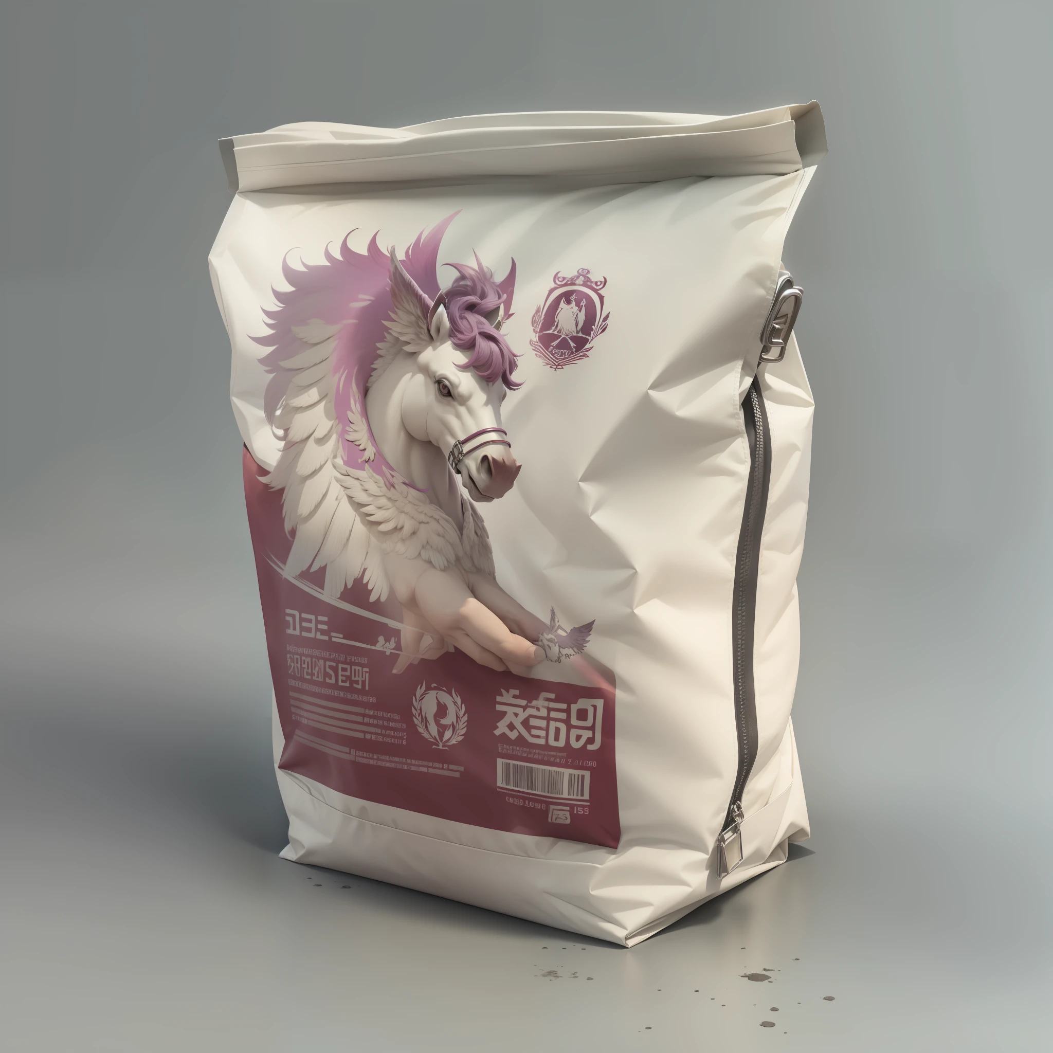 Design a fertilizer packaging bag imported from Greece, It should have a Greek Pegasus graphic on it, The base color is purplish red, content：15-5-10