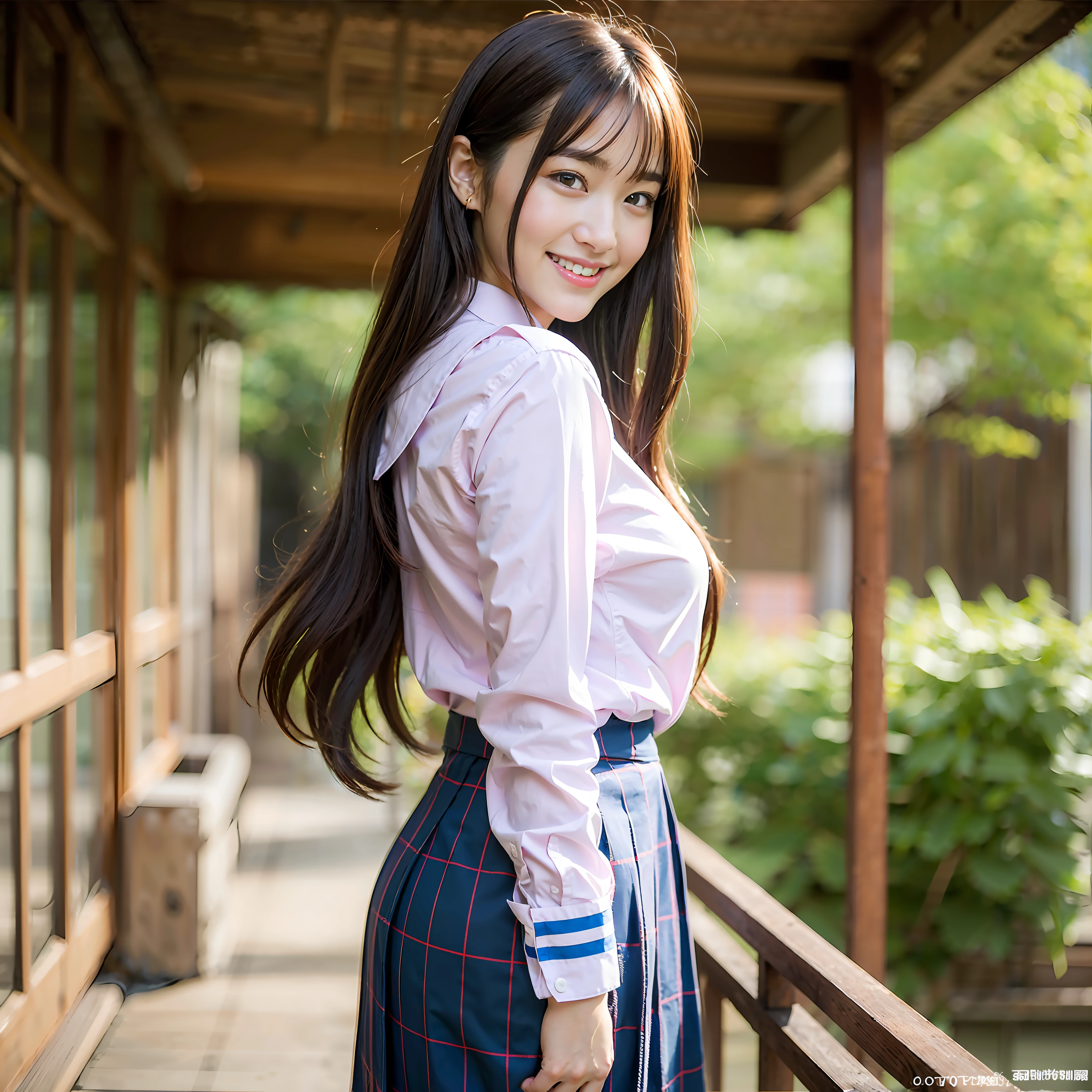 top-quality, masterpiece, (Photorealsitic:1.4), Raw photo, 1girl in、Photo of Pretty Japanese girls, japanese hight school uniform, huge tit, Small buttocks, Smile, Amazingly cute face, Detailed skin