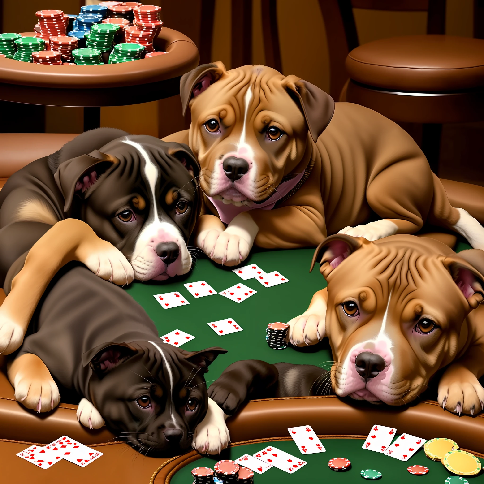 pit bull puppy wearing a gold sequin jacket playing poker with cats --auto