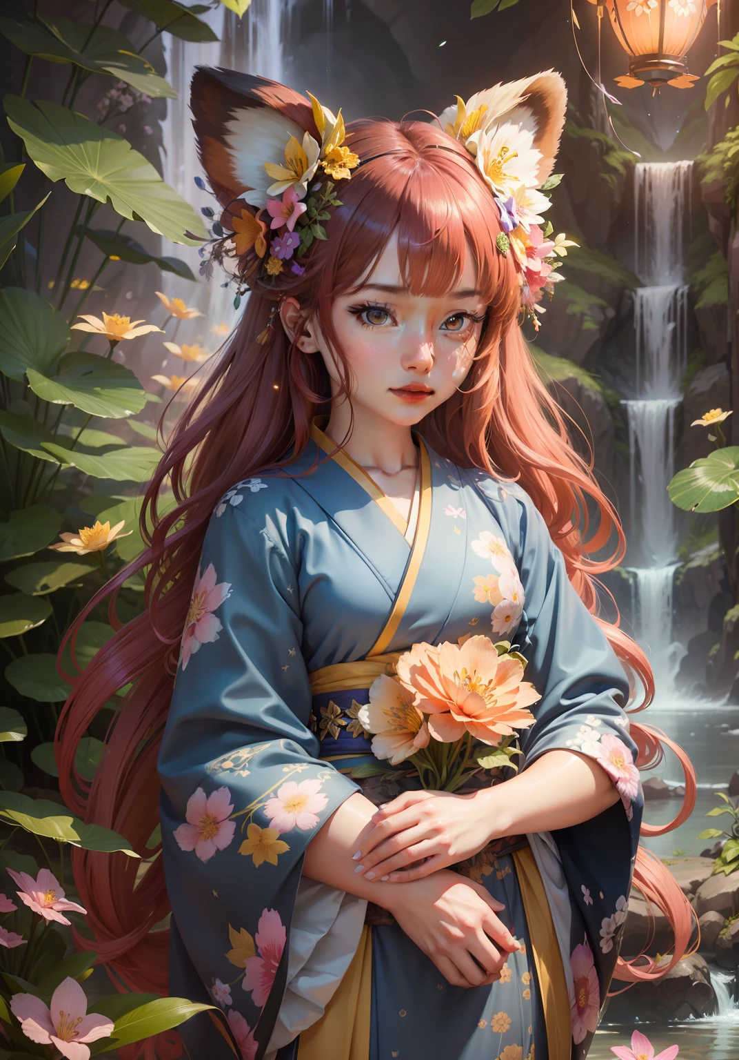 cute girl, kimono covers legs, red panda beautiful eyes wide opened, holding red panda, wearing silk kimono, glowing waterfall night background, ultra detailed artistic photography, long shot, full body, happy 19-year, woman tall garland floating above her head, bioluminescent mushroom multiple composite flowers, dynamic pose, multiple swirling mushroom flower-heads, beautiful flowing flower-head gown dress covering skin, butterflies, tiny starry lights like fireworks, 8k photorealistic sticker, flux, with starry eyes in blue and gold patterns with lilies, head and shoulders portrait, 8k resolution concept art portrait by Greg Rutkowski, Artgerm, WLOP, Alphonse Mucha, Giuseppe Arcimboldo, intricate details, highly detailed;, dynamic lighting hyperdetailed intricately detailed Splash art trending on Artstation triadic colors Unreal Engine 5 volumetric lighting, swirling colors paradise background photoshoot, large yellow and pink Hawaiian flowers, brightly colored, more yellow, sparkly. --auto