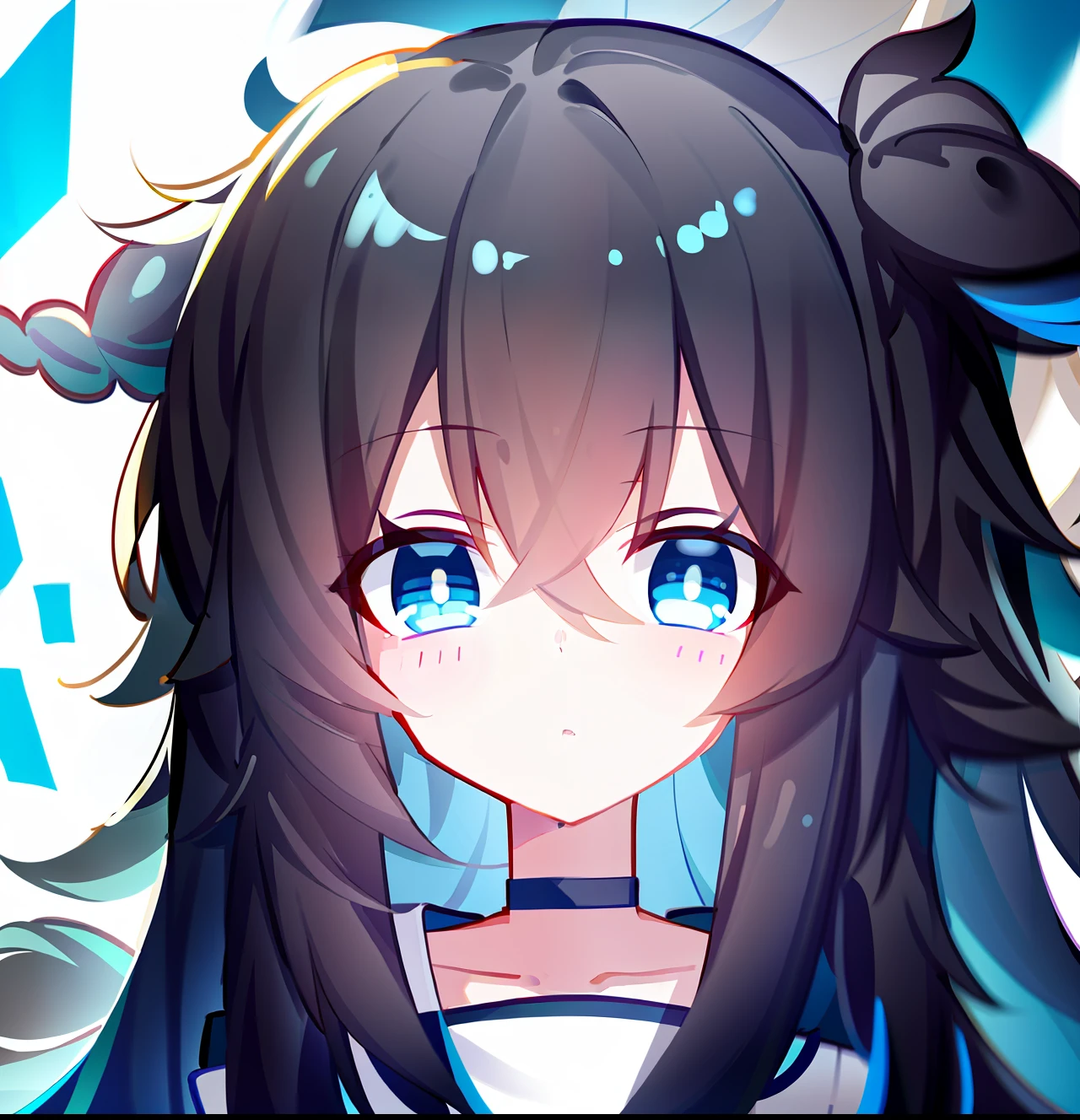 Girl with black hair and blue eyes，Powder blue background