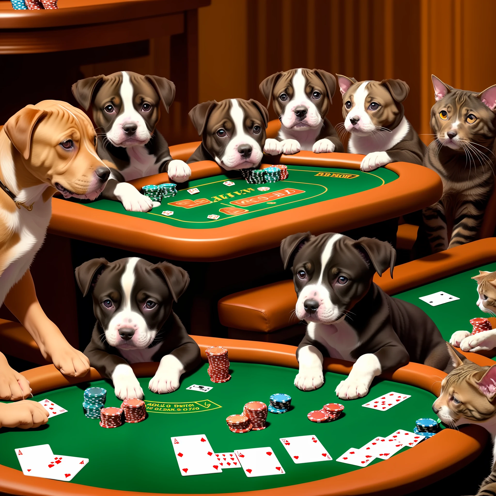 pit bull puppy wearing a gold sequin jacket playing poker with cats --auto