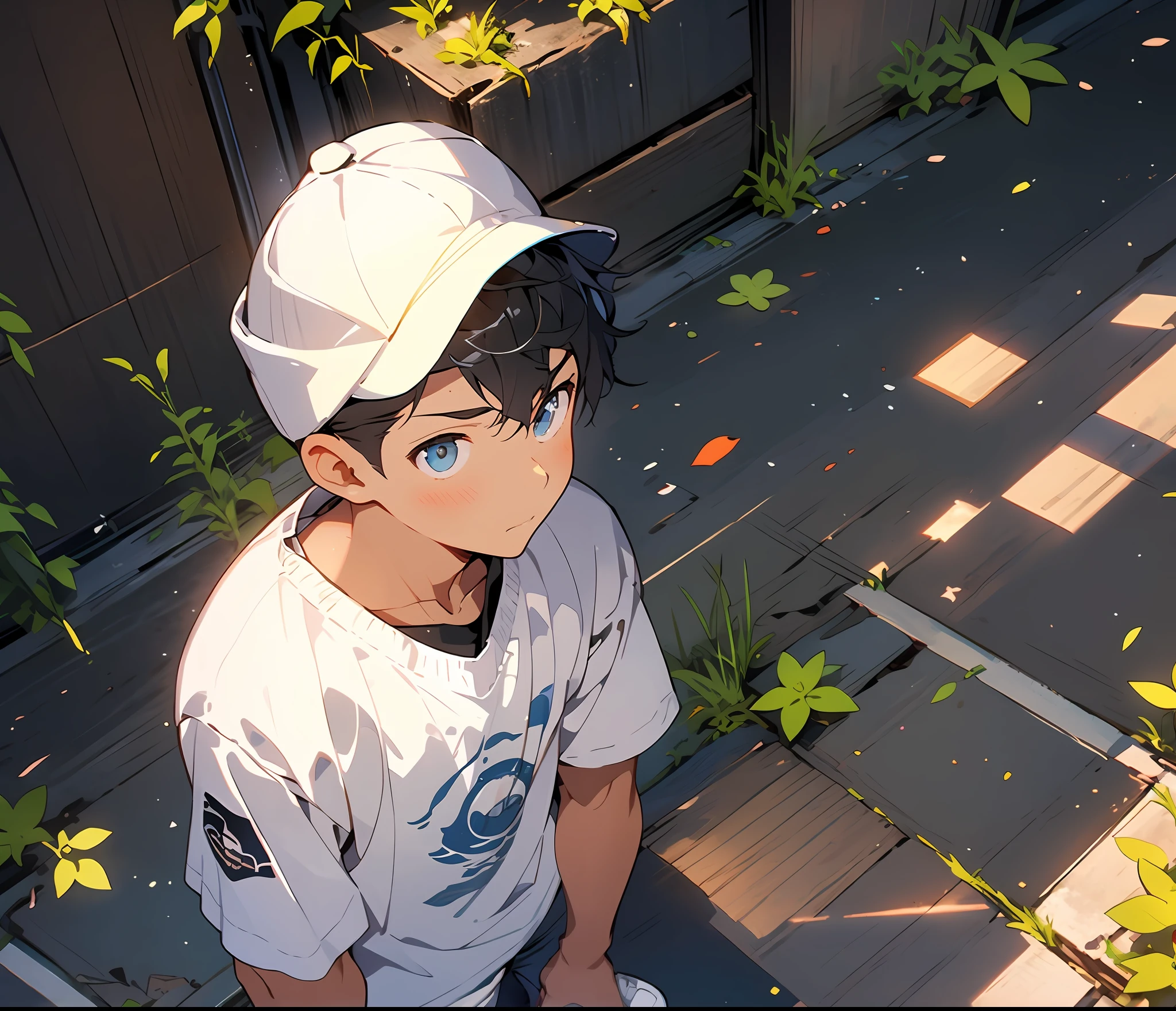 1boy，wear cap，short white pants，white short socks，sat on the ground，down view，Looking down from above，The hat covers the face，Can't see the face，Lively and cute boy，8K,Cinematic lighting effects，Textured skin，best qualtiy，Storytelling images，Ambient lighting，actionpose，tmasterpiece，A masterpice，