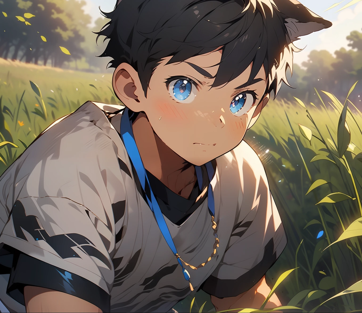 1boy,Rural fields,the setting sun,Crepuscular Rays,Shiba dog,blue color eyes,Blow the wheat,Lively and cute boy,8K,Cinematic lighting effects,Textured skin,best qualtiy,over the shoulder view,Storytelling images,Ambient lighting,dynamic blur,actionpose,tmasterpiece,A masterpice,