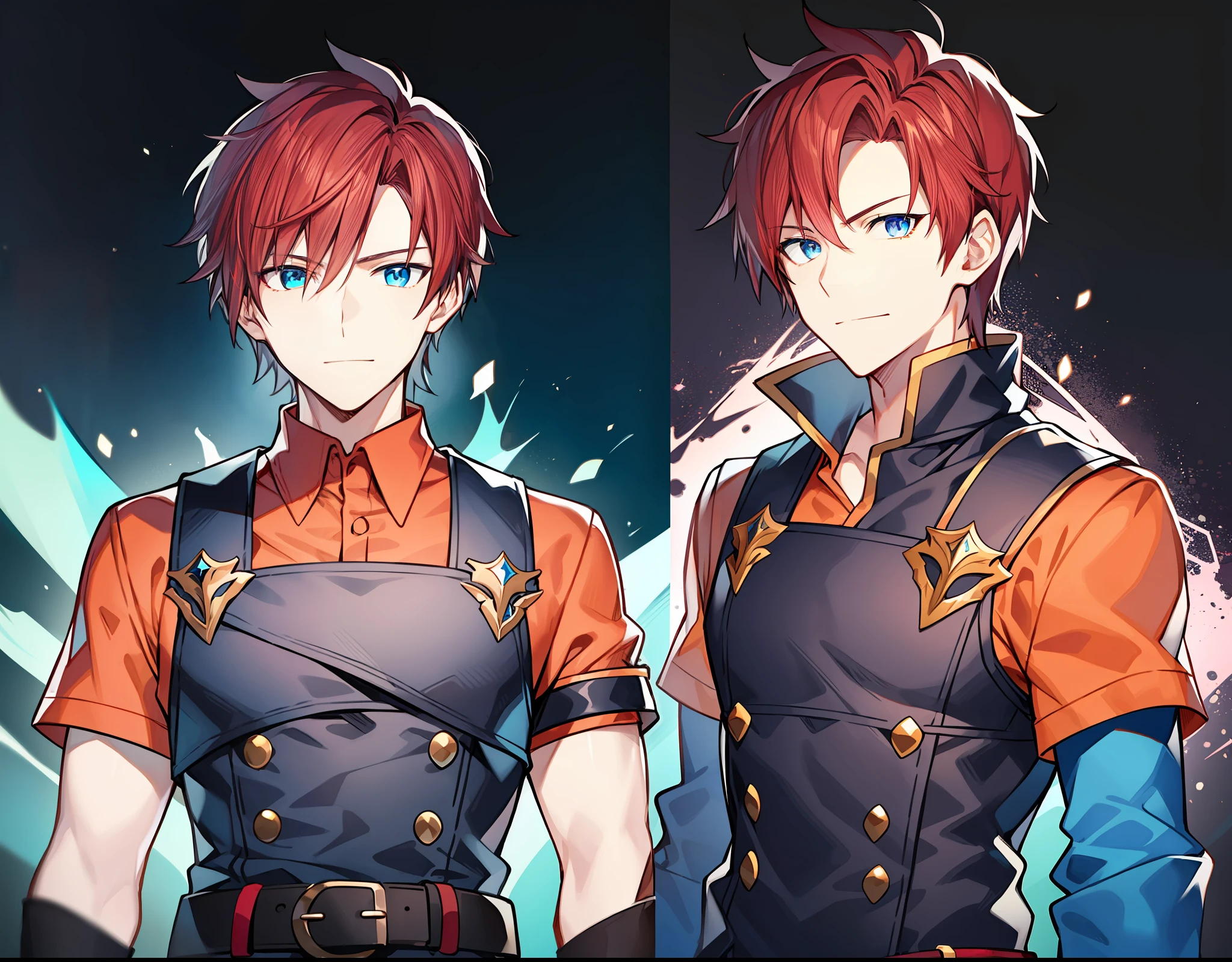 Young man, slight smile, friendly look, red hair, short hair, dark blue eyes, white skin, detailed. Black work gloves, orange shirt, black belt, blue pants. rpg sprite, rpg expression sheet