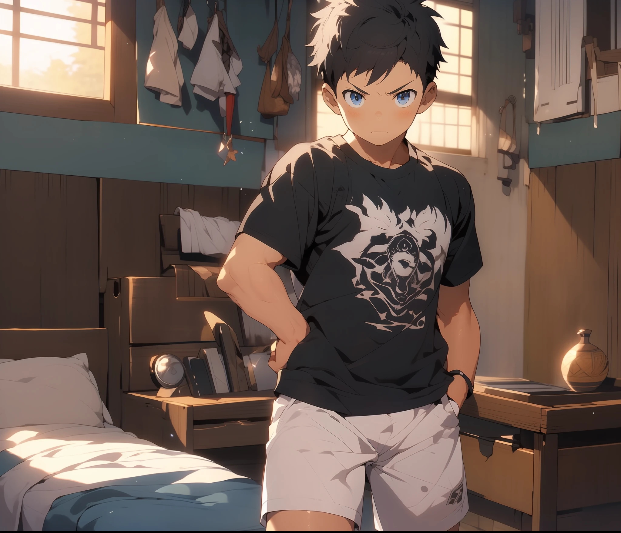 1boy,Bedrooms,white short sleeve,shorter pants,Lively and cute boy,8K,Cinematic lighting effects,Textured skin,best qualtiy,wide wide shot,Storytelling images,Ambient lighting,dynamic blur,actionpose,tmasterpiece,A masterpice,