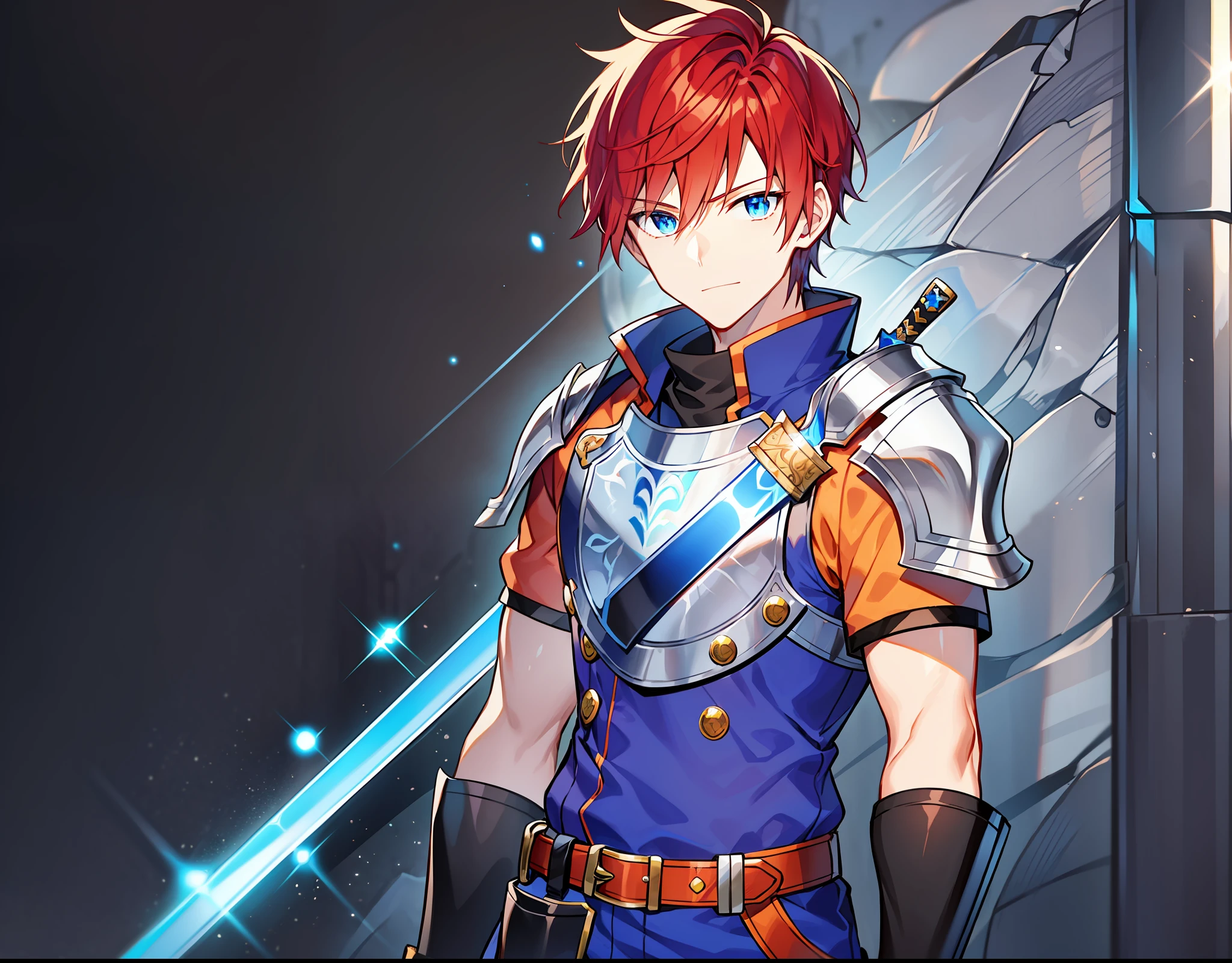 Young man, slight smile, friendly look, red hair, short hair, dark blue eyes, white skin, detailed. Black work gloves, orange shirt, black belt, blue pants. Accessory, 1 Shield, platinum shield, shining shield, 1 sword, silver sword, shining sword. Mid body anime sprite, anime character sheet, full body snime character sheet