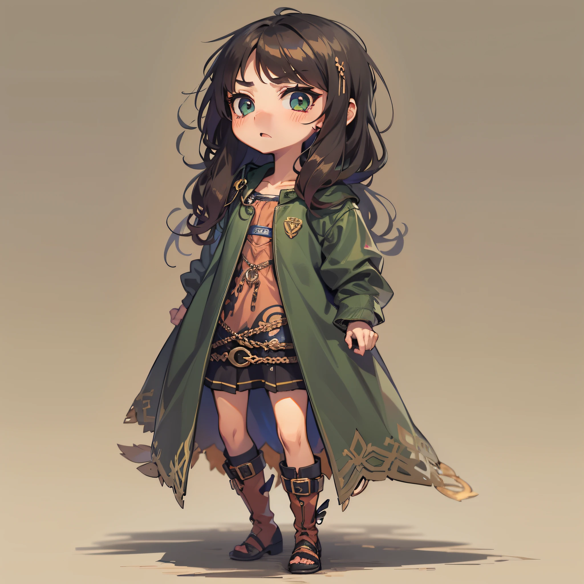 1girl, solo, olhos verdes, brinco, cabelo preto, seios, seios pequenos, cabelo encaracolado, vestido preto, armadura, olhando para o espectador, umbigo coberto, fundo simples, mangas longas, vestido, coxas, boca fechada, highleg, cabelo invertido, blush, franja, cabelo curto, mid hair, tiro cowboy