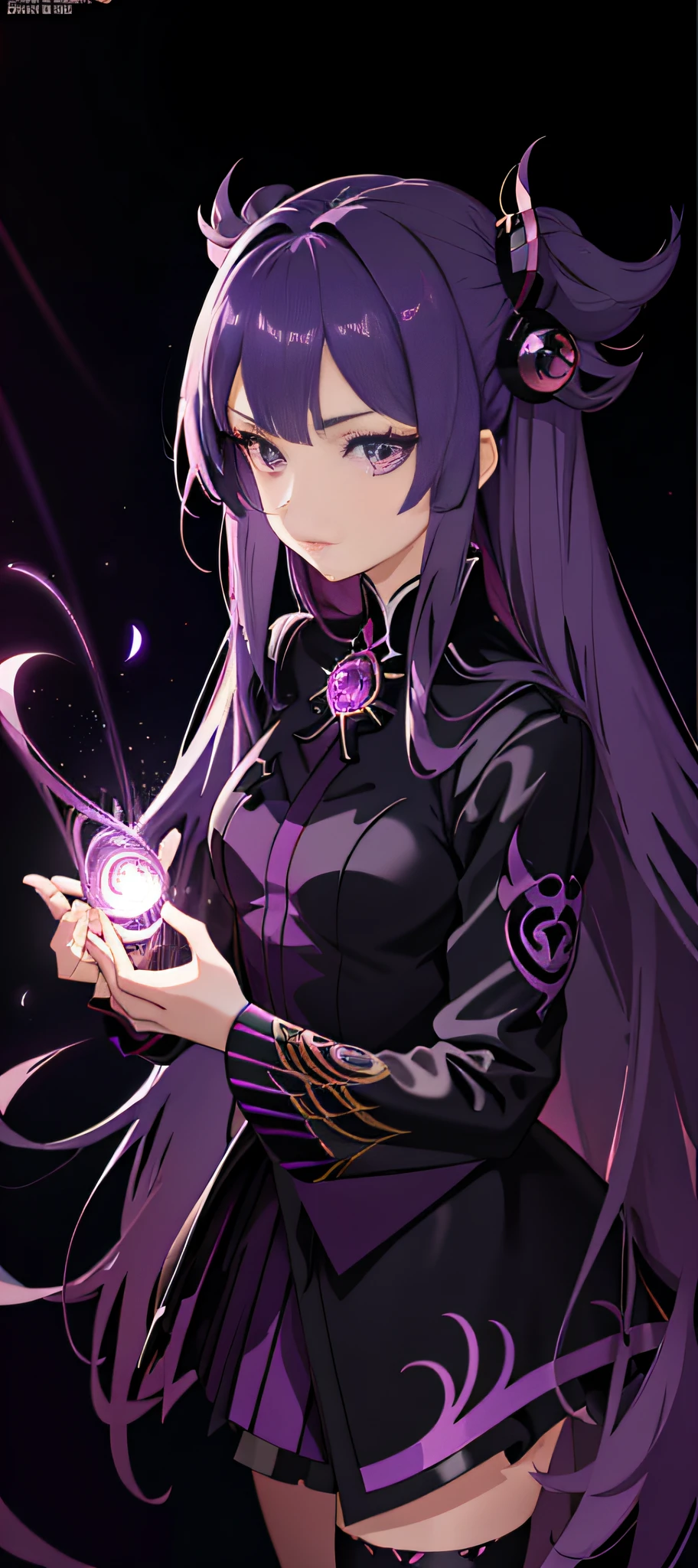 Anime girl with purple hair and black costume holding purple light, Detailed digital anime art, nightcore, Ayaka Genshin impact, shalltear bloodfallen, Detailed key anime art, Best anime 4k konachan wallpaper, black-haired mage, style of anime4 K, portrait gapmoe yandere grimdark, Guviz, shalltear from overlord