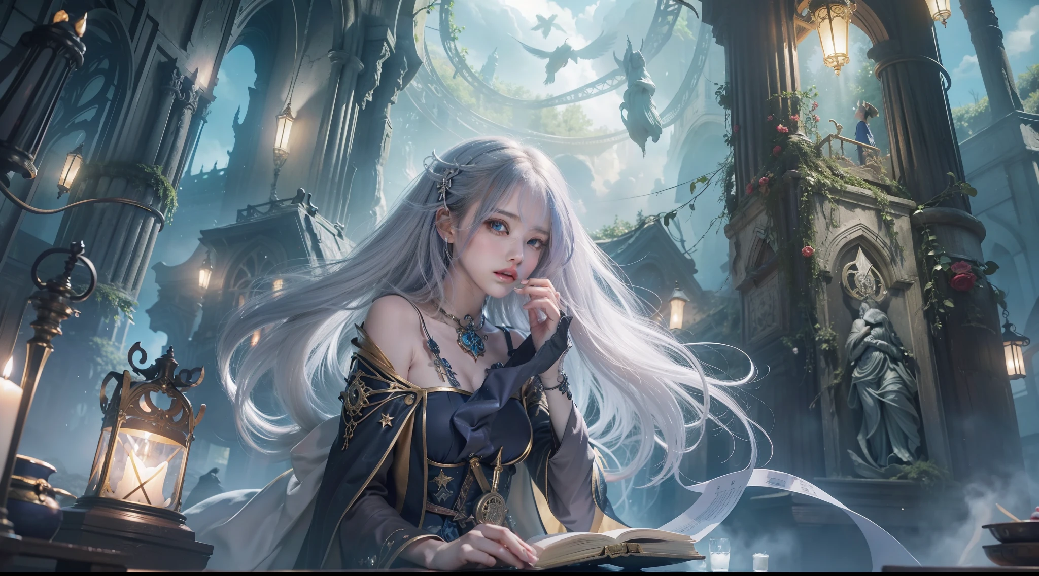 Crystal Castle Sealed in a Book of Magic,Blood,Night, Dark, (Fantasy),infinite,deep blue sky,The abyss of knowledge,Cowledge,((masutepiece)), (((Best Quality))),((Beautiful fine eyes)),(Eye lashes)、beautiful a girl、(女の子1人)、Perfect human body structure、Black hair fluttering in the wind、The long-haired、abyss eyes、glowy skin、oils、small tits、Wizard robes、tattered cloth、Realistic coat、Teenchi、Super delicate CG Unity 32k wallpaper、masterpiece, ((ultra-detailliert)), ((illustratio)),colourfull,wall-paper,The energy,Unknown terror,Incomprehensible,Around the magic,Magical surroundings,magic wands,Boken,Flying pages,Know everything,Predict the future、Get to know the past、Infinite wisdom、blue flames、Warlock、magic circles、Pentagram、Spells、mantra、Singing magic