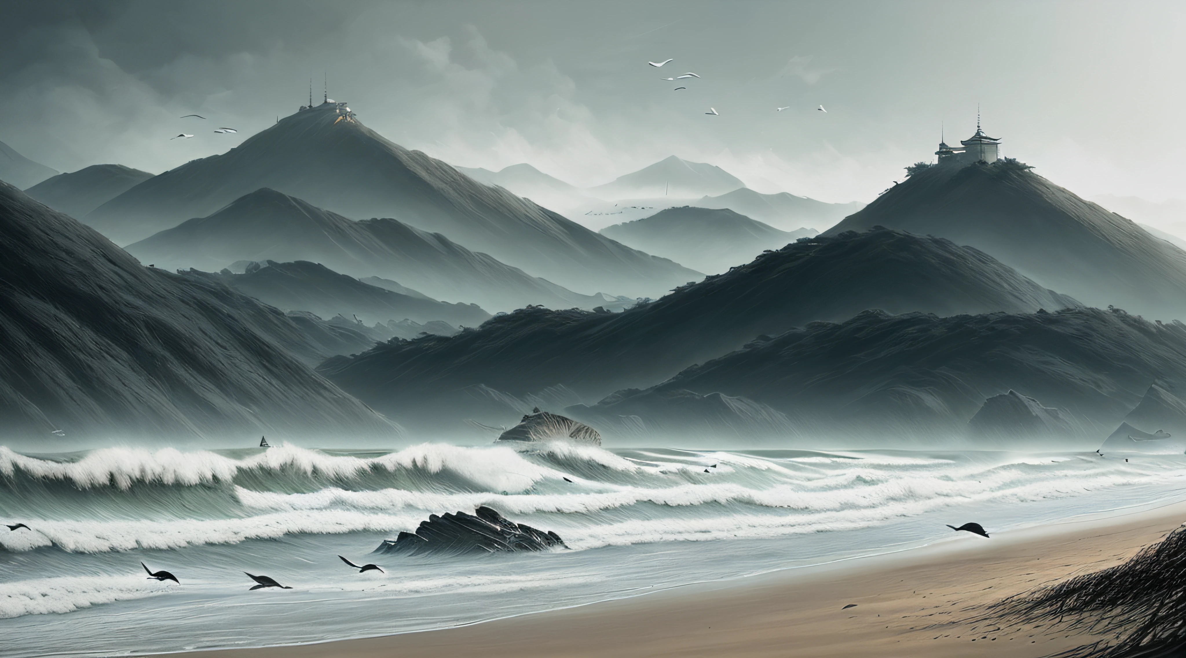 High detail RAW color art，China-style，((Black and white ink style))，smoke and rain hazy，((Horizontal composition))，the mountains and the sea，((beachside))，((Flying seabirds))，((Rough waves))，sandbeach，((Rolling mountains))，((the sea))，intricately details, Fine details, ultra - detailed, Ray traching, trending on artstationh, trending on CGSociety, Intricate, High detail, Sharp focus, Dramatic, photorealistic painting art by midjourney and greg rutkowski, Bokeh on the background