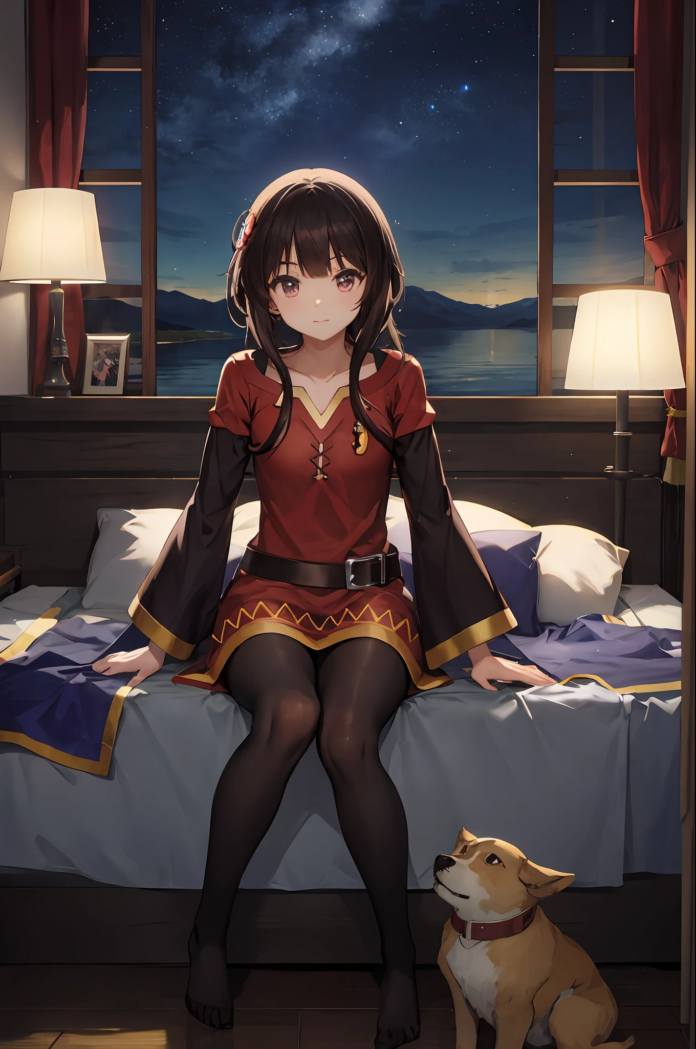highres, alta qualidade, illustration, cinematiclight, ultra detalhado, rosto detalhado, (olhos detalhados), melhor qualidade, hiper detalhado, obra-prima, (rosto detalhado), 1girl, menina (megumin do anime konosuba), cabelo curto (cor castanho), olhos vermelhos, maximum details, olhos luminosos, medium breaths, sentado na cama, sentado, cama, janela, night  sky, lake outside, lua, lua cheia, retroiluminação, raios de luz, (alto contraste), (colorido),