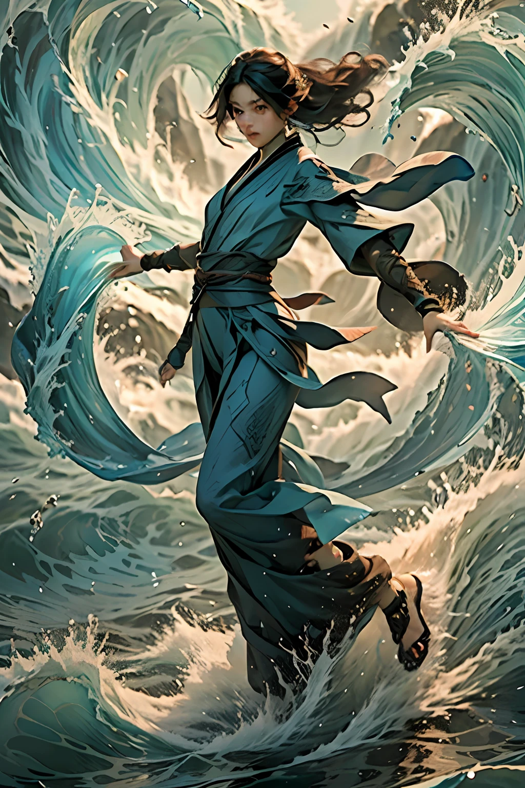 Best quality,masterpiece,ultra high res,,yushuishu,1girl,solo,black hair,water,waves,lips,full body,