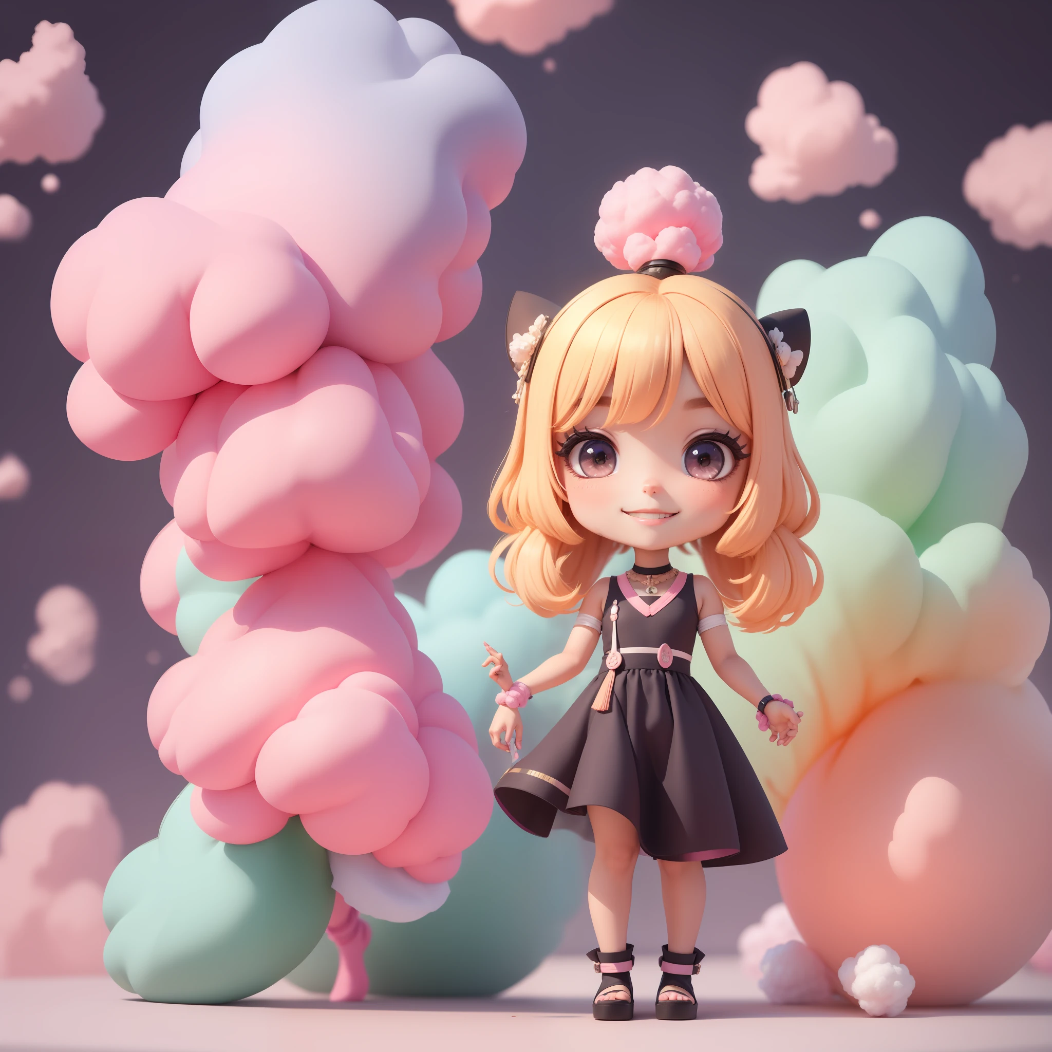 Garota negra,bonita,chibi,sorrindo,cotton candy,vestido de baile luxuoso,cabelo longo cacheado,cabelo roxo,olhos rubi,fundo bonito,sapato preto;corpo inteiro,rosto detalhado,8k,qualidade maxima