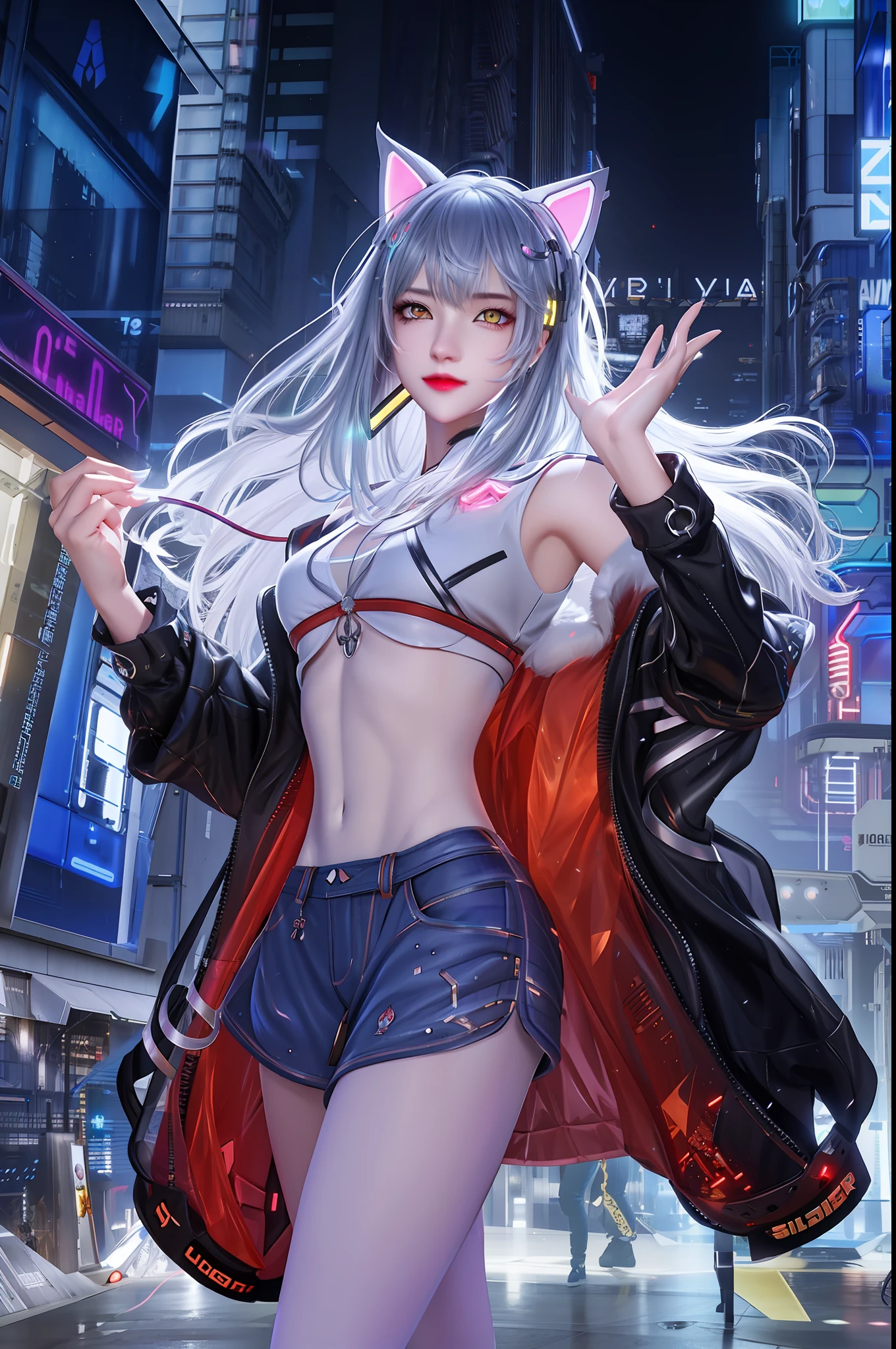 silber hair,prette,Raised sexy,Royal Sister,Yellow eyes,Yellow eyes,cyber punk perssonage,neonlight,Neon light,cute ears,Official headwear art,Unity 8k壁纸,ultra - detailed,Aesthetics,tmasterpiece,best qualtiy,realisticlying