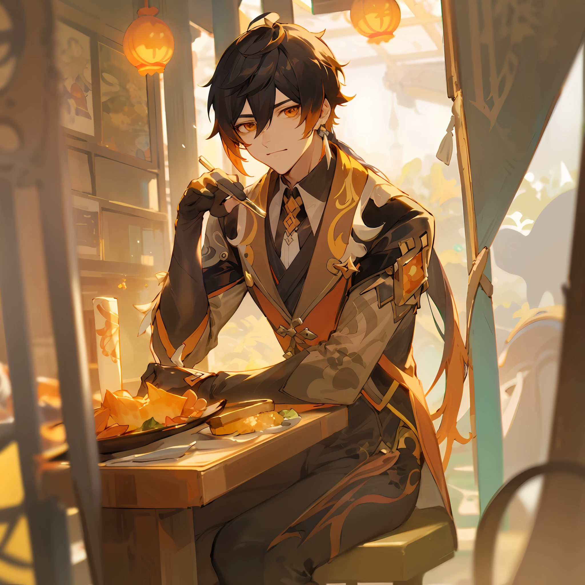 Anime - A stylistic image of a man sitting at a table holding a plate of food, Keqing from Genshin Impact, zhongli from genshin impact, Genshin, by Yang J, Inspired by Bian Shoumin, Genshin impact's character, handsome guy in demon killer art, Genshin Impact style, heise jinyao, From Arknights, shadowverse style,Genshin Bell Leaves