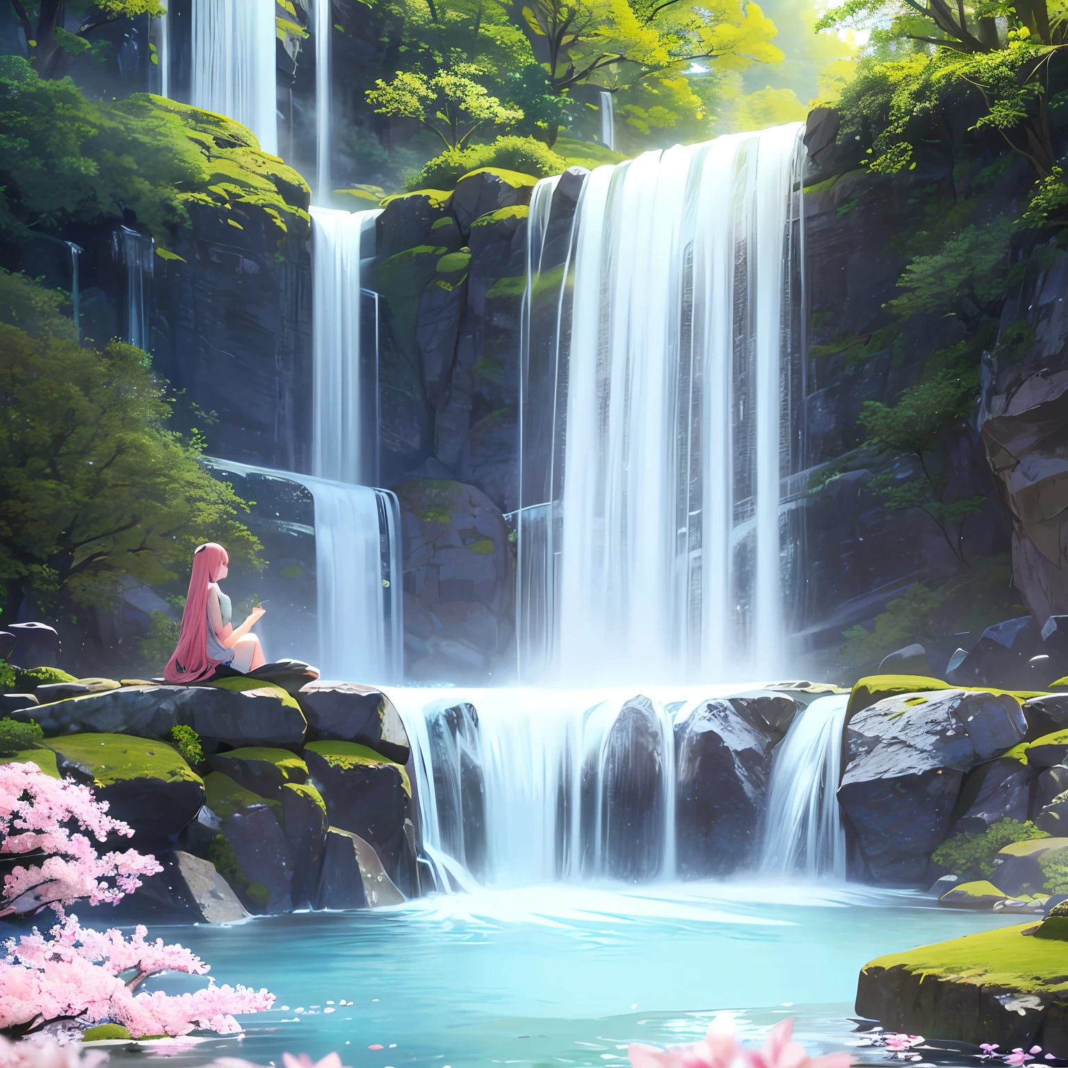 1girl in、 forest spirit、Pink flowers in the foreground、Waterfall with rocks in the foreground, flowing sakura-colored silk, cascades, flowers and waterfalls, flowing sakura silk, Deep Blue Falls, flowing, cascades, cherry blossom forest, pastel overflow, beautiful flowing feeling, cherry blossom, cherry blossom falling, by Cheryl Fountain, Chris Cold, blissful landscape, cascading waterfalls、