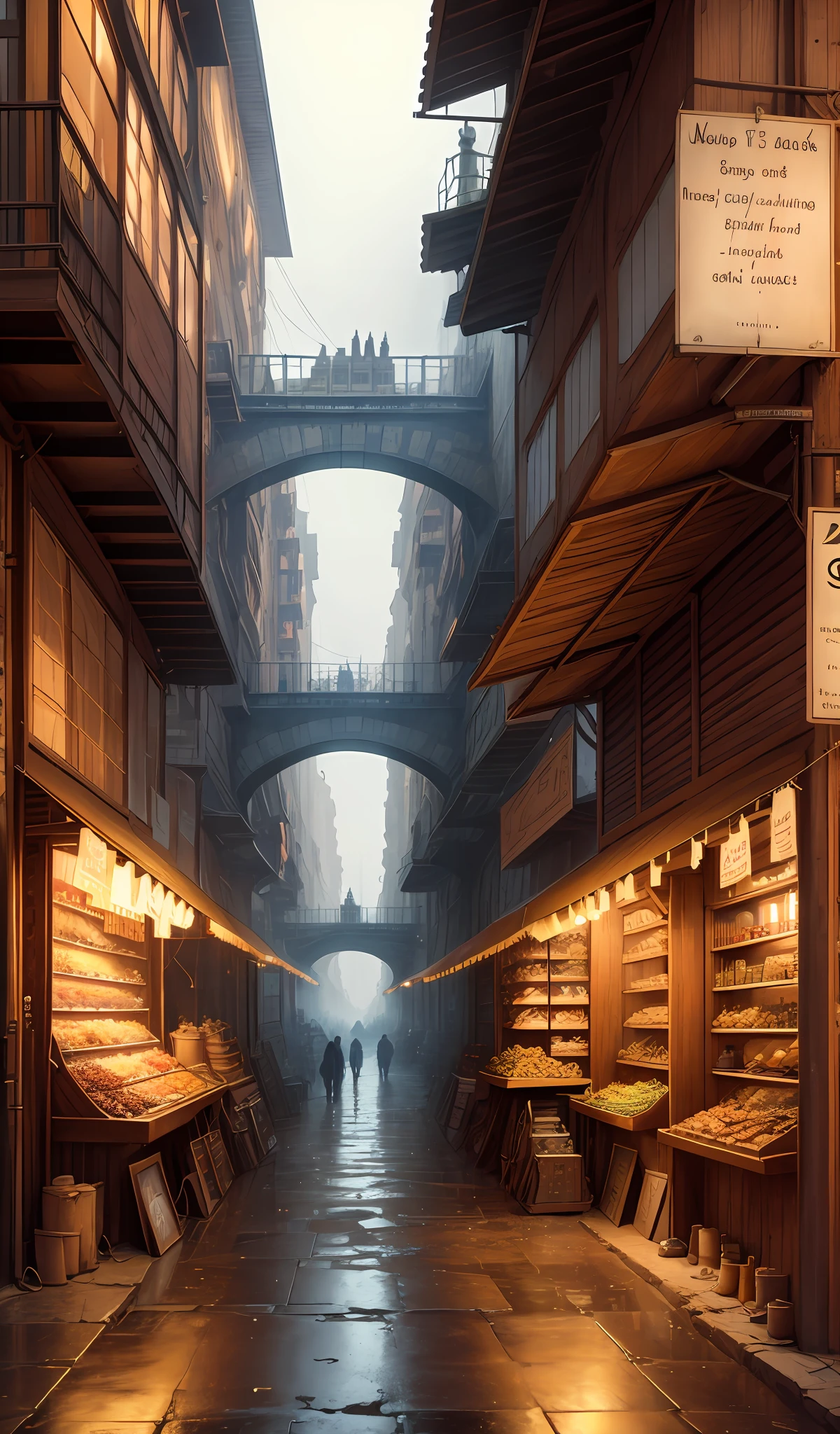 ((masterpiece)),((best quality)),((high detial)),((realistic,)) Industrial age city, deep canyons in the middle, architectural streets, bazaars, Bridges, rainy days, steampunk, European architecture