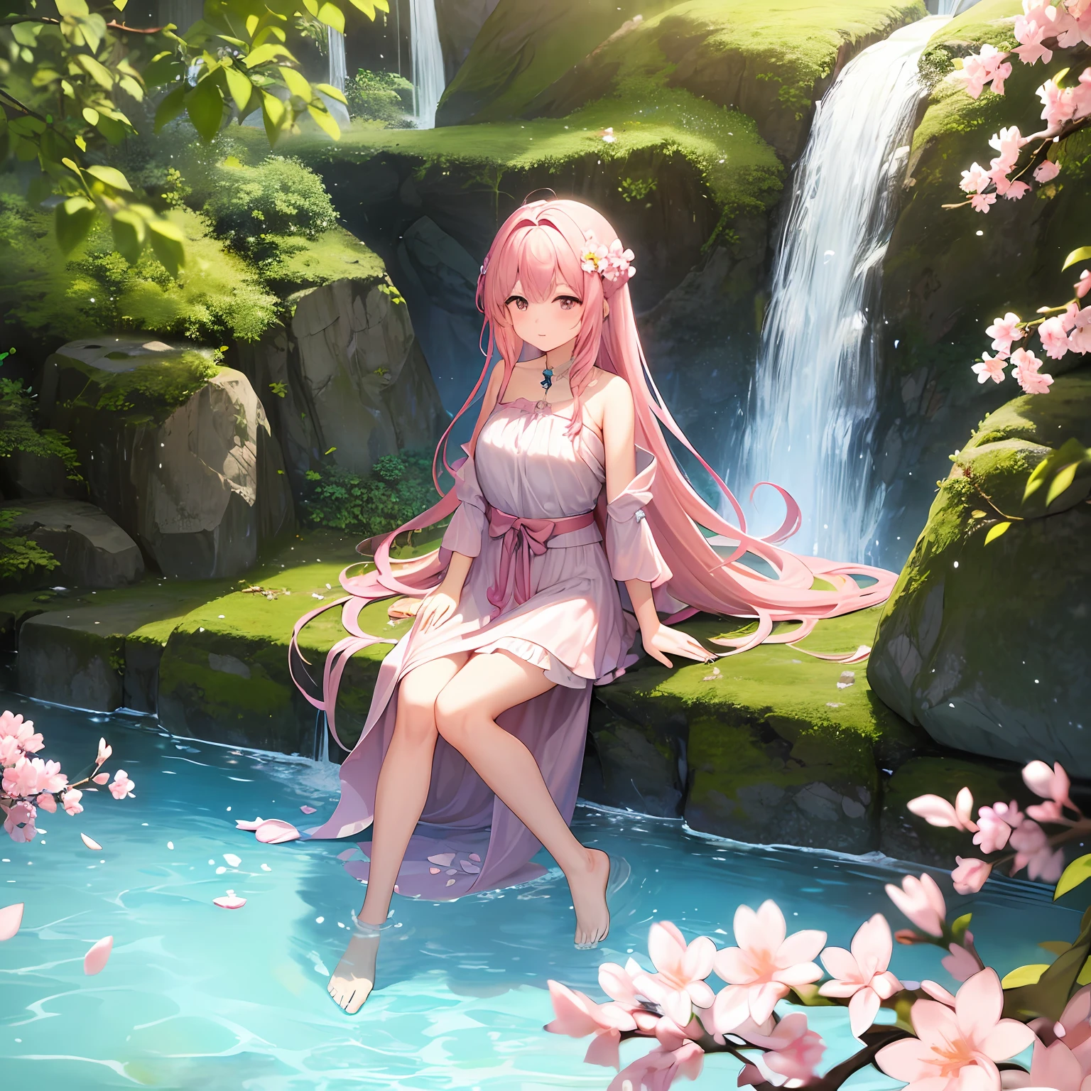 1girl in、 forest spirit、Pink flowers in the foreground、Waterfall with rocks in the foreground, flowing sakura-colored silk, cascades, flowers and waterfalls, flowing sakura silk, Deep Blue Falls, flowing, cascades, cherry blossom forest, pastel overflow, beautiful flowing feeling, cherry blossom, cherry blossom falling, by Cheryl Fountain, Chris Cold, blissful landscape, cascading waterfalls、