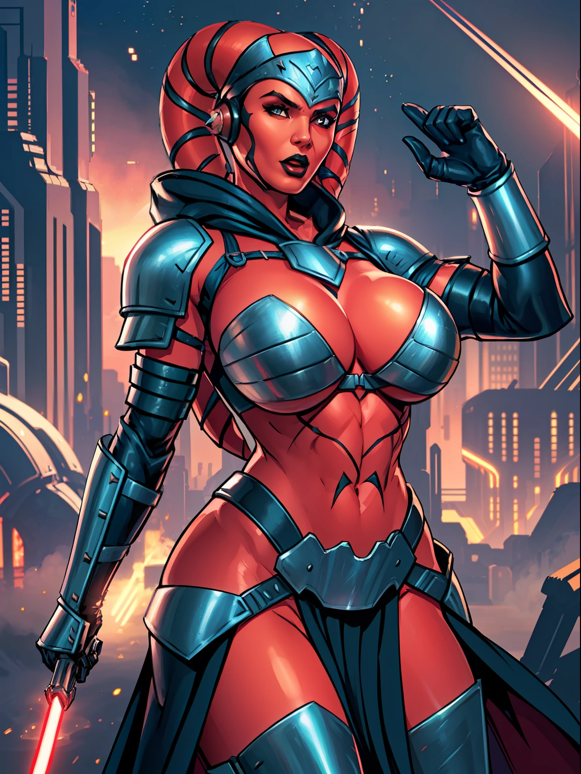 action scene, fighting, masterpiece, best quality, high-definition, armor, busty, ((red skin), twi'lek), dual red lightsabers, evil space knight, space ninja, (wearing black robes, black stealth armor, breastplate, tunic, tabard, cowl, cloak, body glove, straps, buckles, skirts, long sleeves, fantasy, ((armor))), ((busty), slender body, thin, slim sexy body, slim waist, ((gigantic breasts))), Imperial starship, Star Wars, futuristic city, warzone