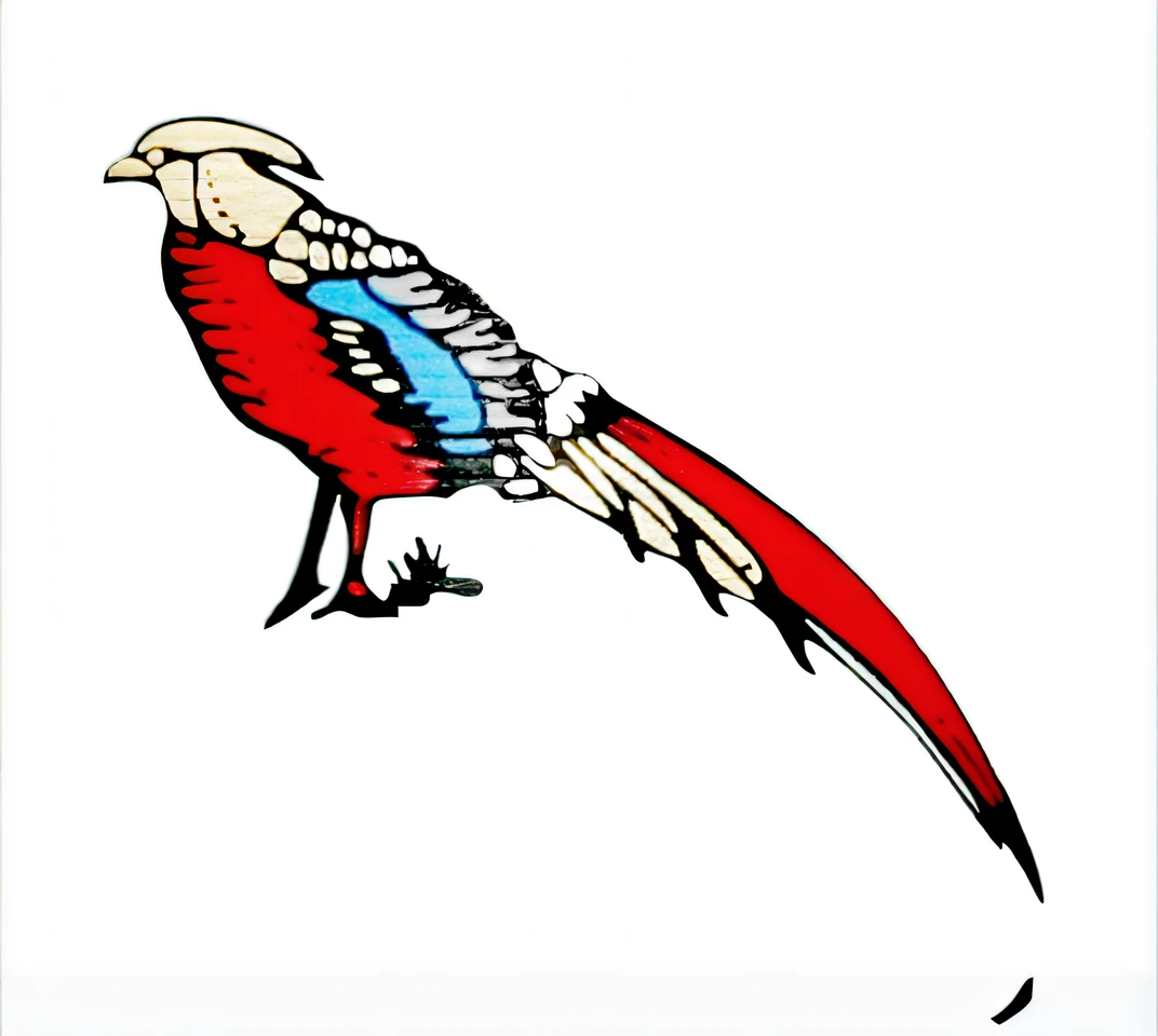There is a red and blue bird,White body and wings, pararel, quetzal, Pheasant with sword, A phoenix, colorful bird with a long, bird's eyes view, Parrot, digital painted, A illustration, illustration, [ Colourful, digitally colored, avian, author:Daniel Mijtens, vibrant with colors, surrealistic bird