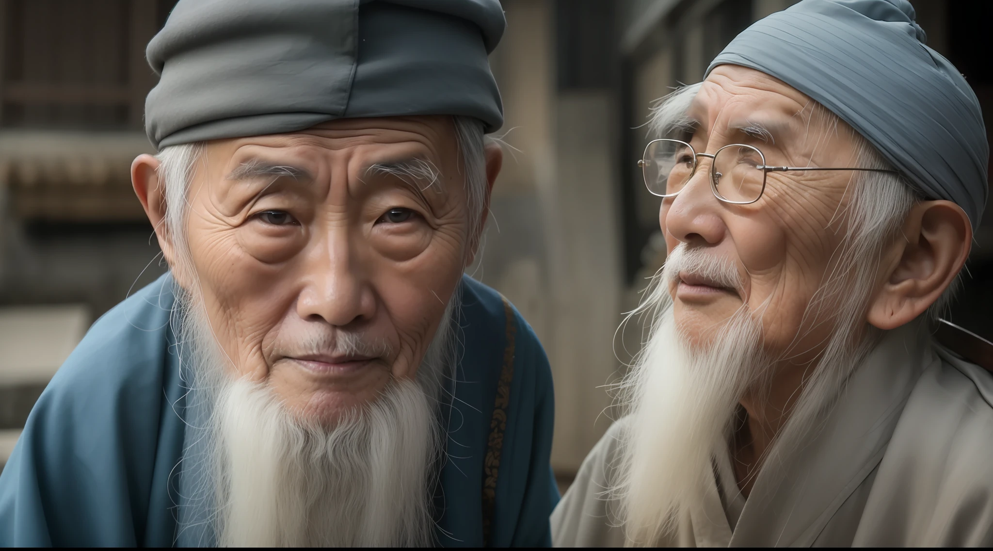 Chinese Ancient Times、sbeard、The eyes have a light of wisdom、robe、wrinkles、wisdom、Quiet、Smart old grandpa、In the dim candlelight of the deep mountains、Stone podium、Sitting audience、The sound of rain outside the house、Azure starry sky, etc。Dress modestly 、Highest image quality、Get close to real people，No headdress、Chinese grandfather、Asian grandpa、Wang Yangming